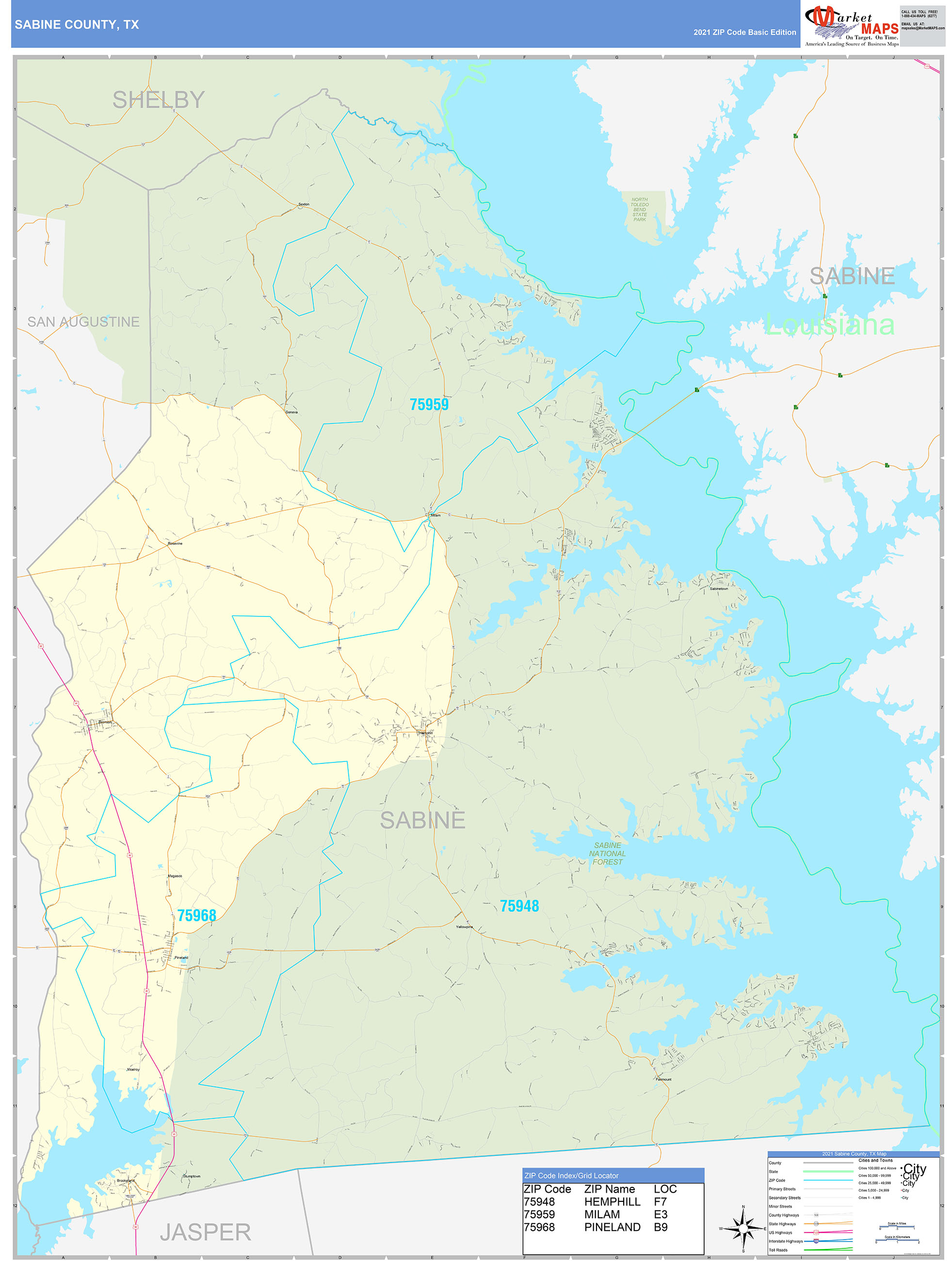 Sabine County, TX Zip Code Wall Map Basic Style by MarketMAPS