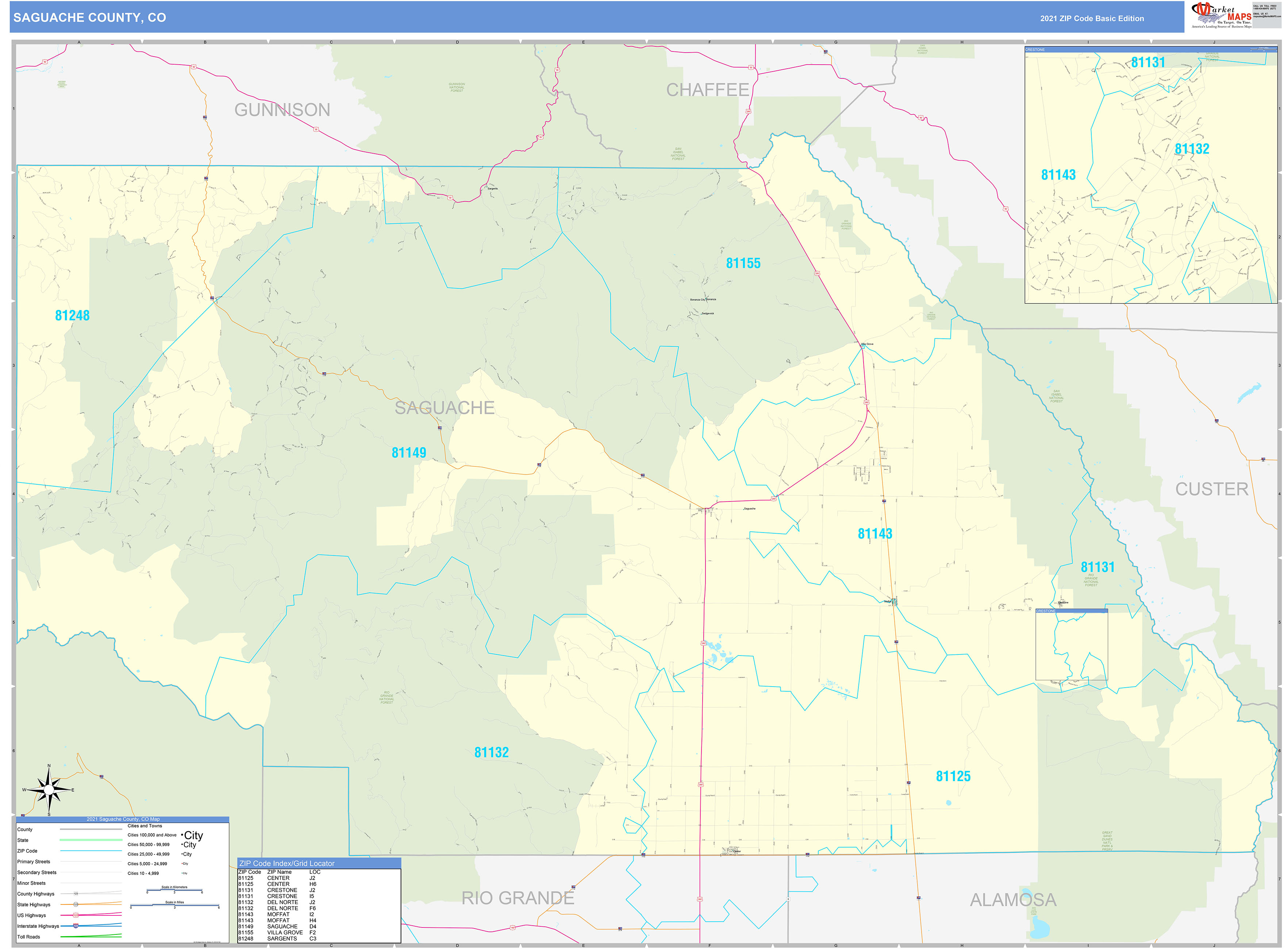 Saguache County, CO Zip Code Wall Map Basic Style by MarketMAPS MapSales