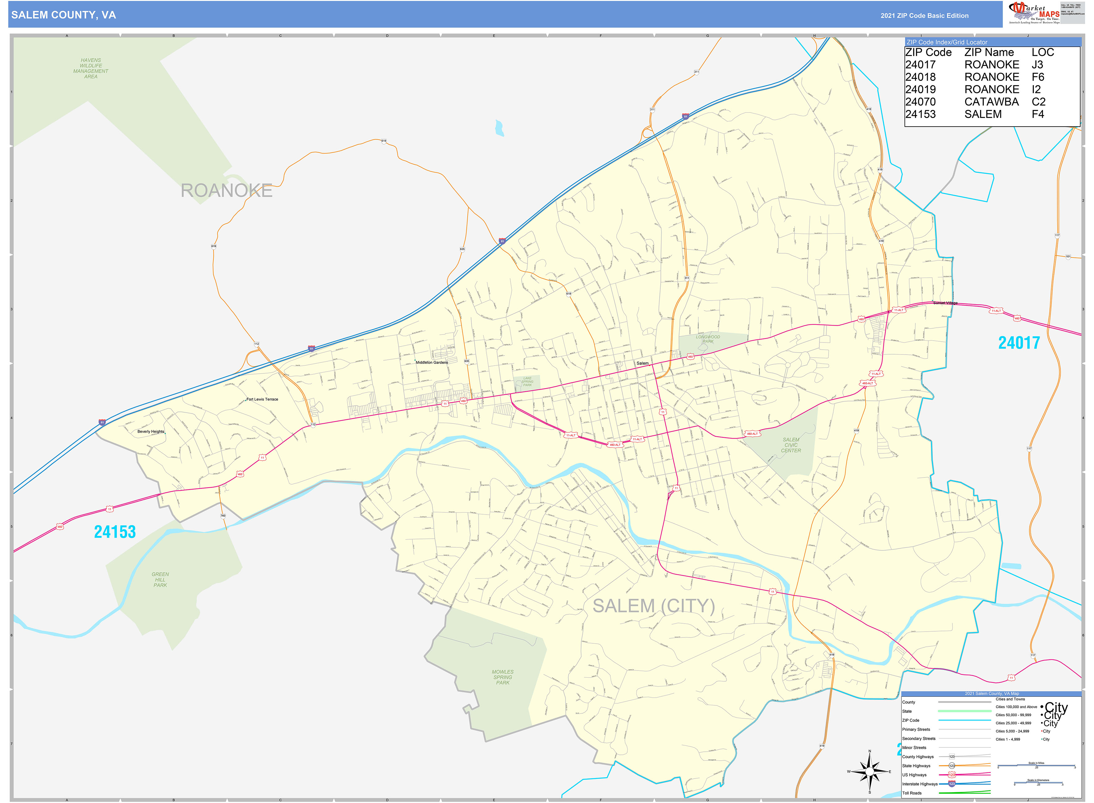 Salem County, VA Zip Code Wall Map Basic Style by MarketMAPS