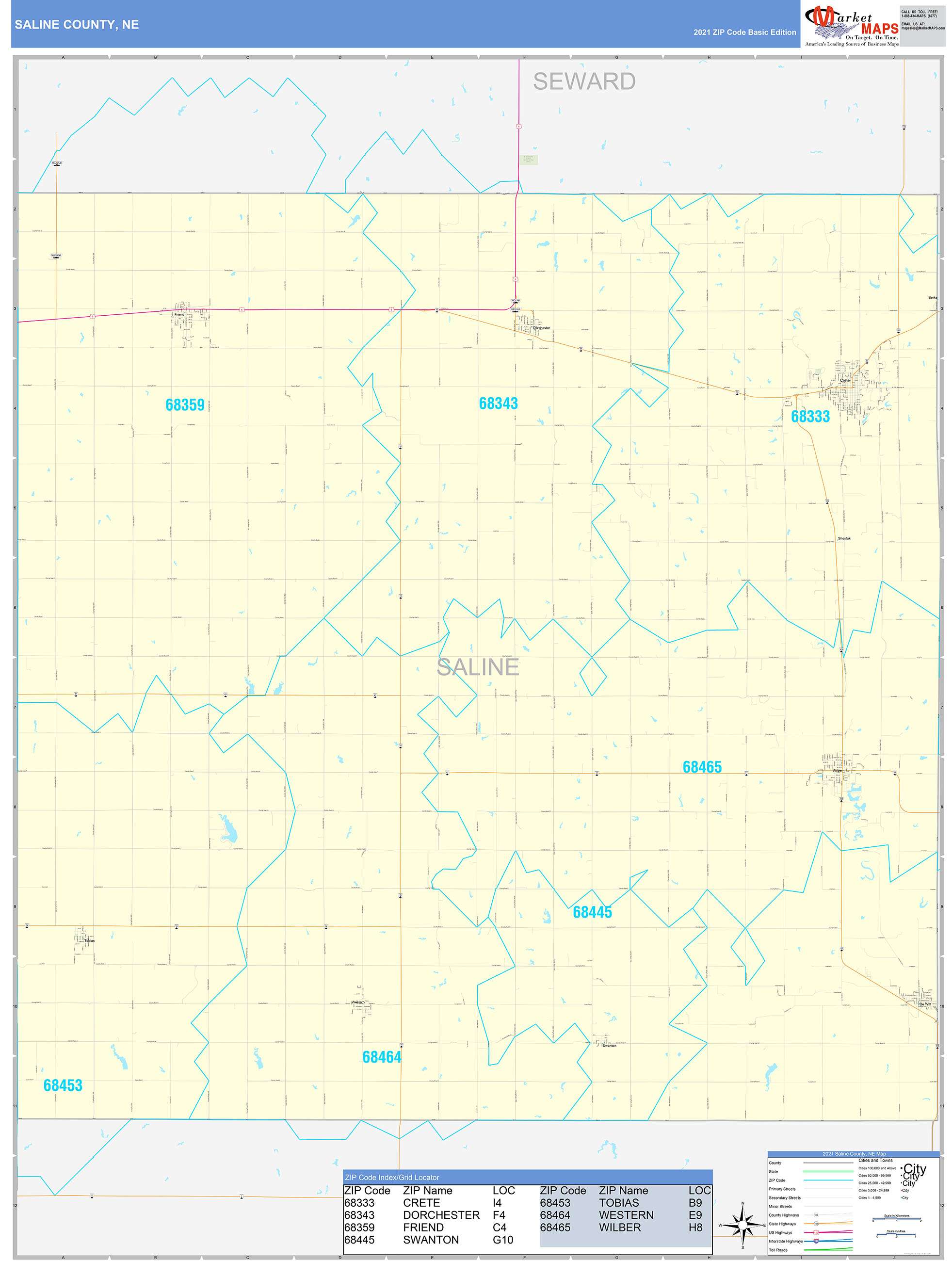 Saline County, NE Zip Code Wall Map Basic Style by MarketMAPS MapSales