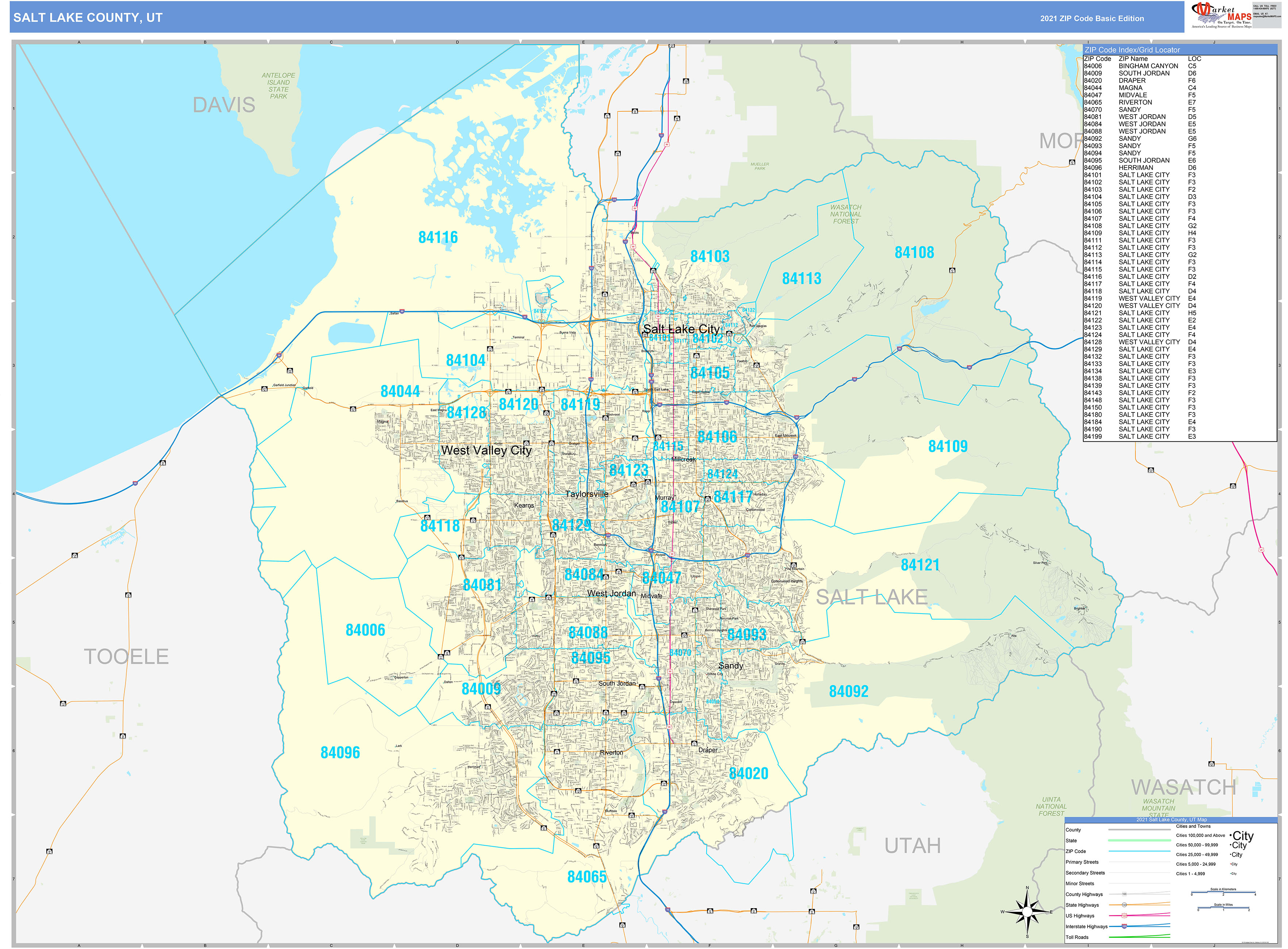 Salt Lake County, UT Zip Code Wall Map Basic Style by MarketMAPS MapSales