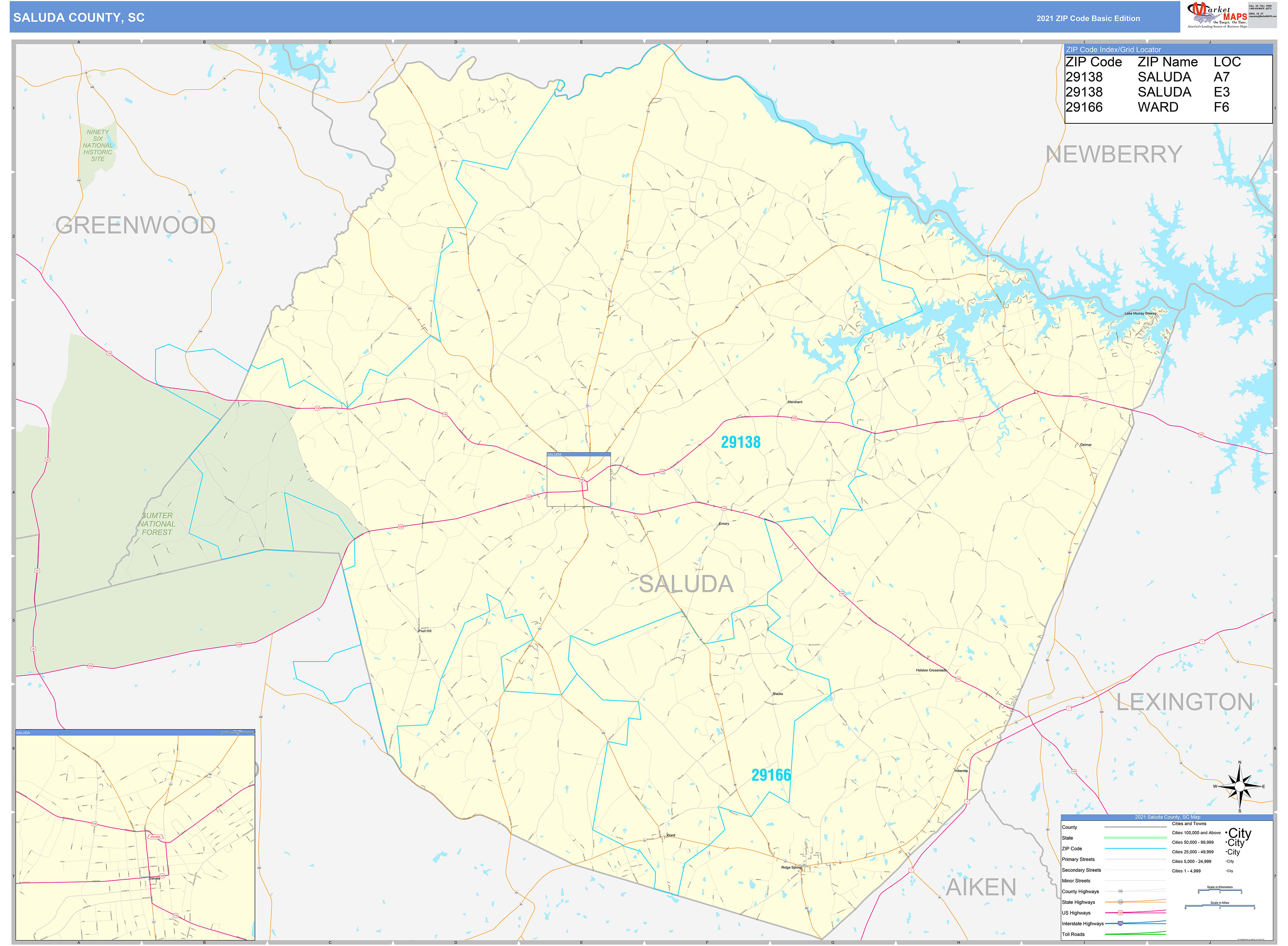 Saluda County, SC Zip Code Wall Map Basic Style by MarketMAPS