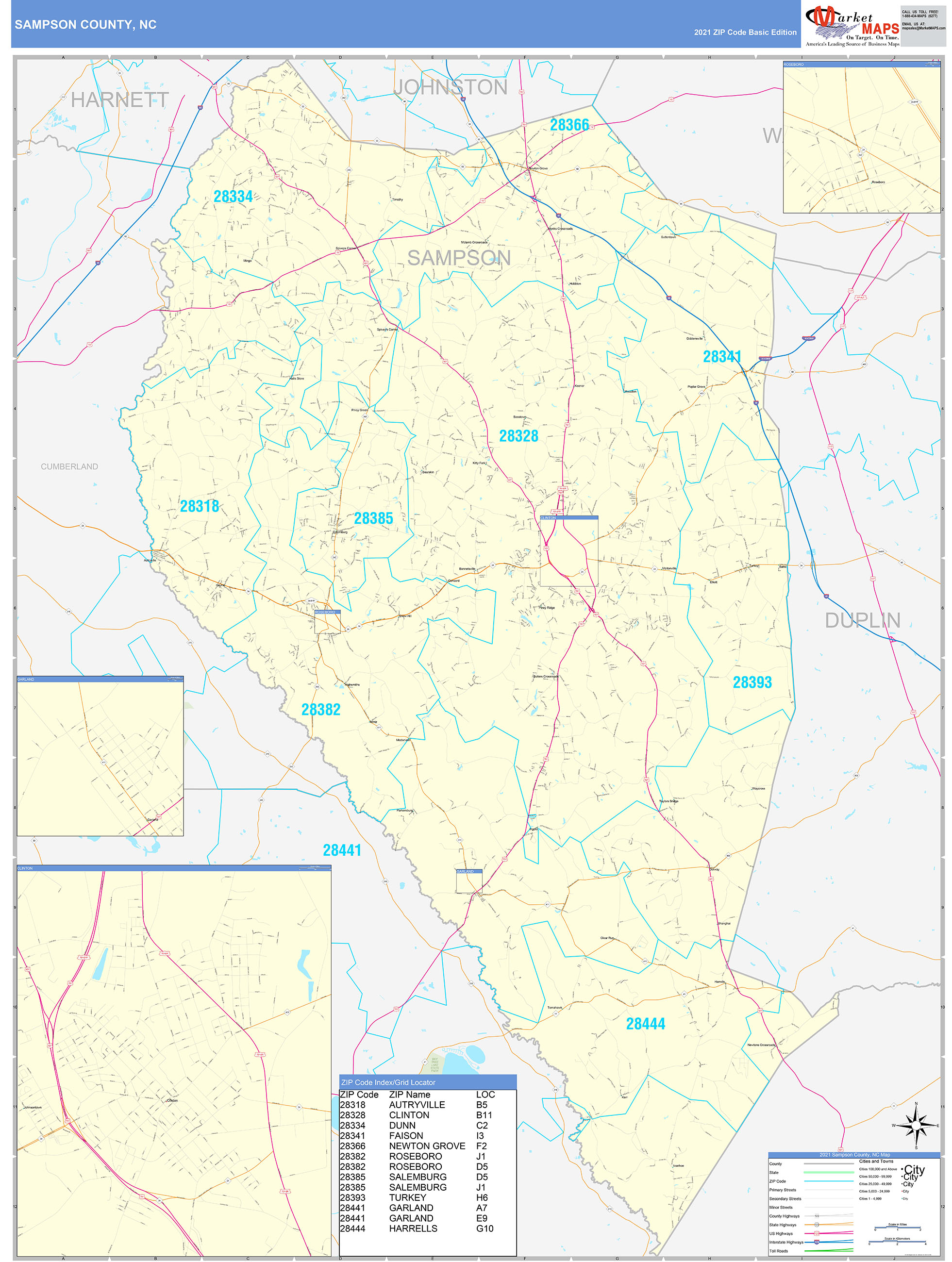 Sampson County, NC Zip Code Wall Map Basic Style by MarketMAPS MapSales