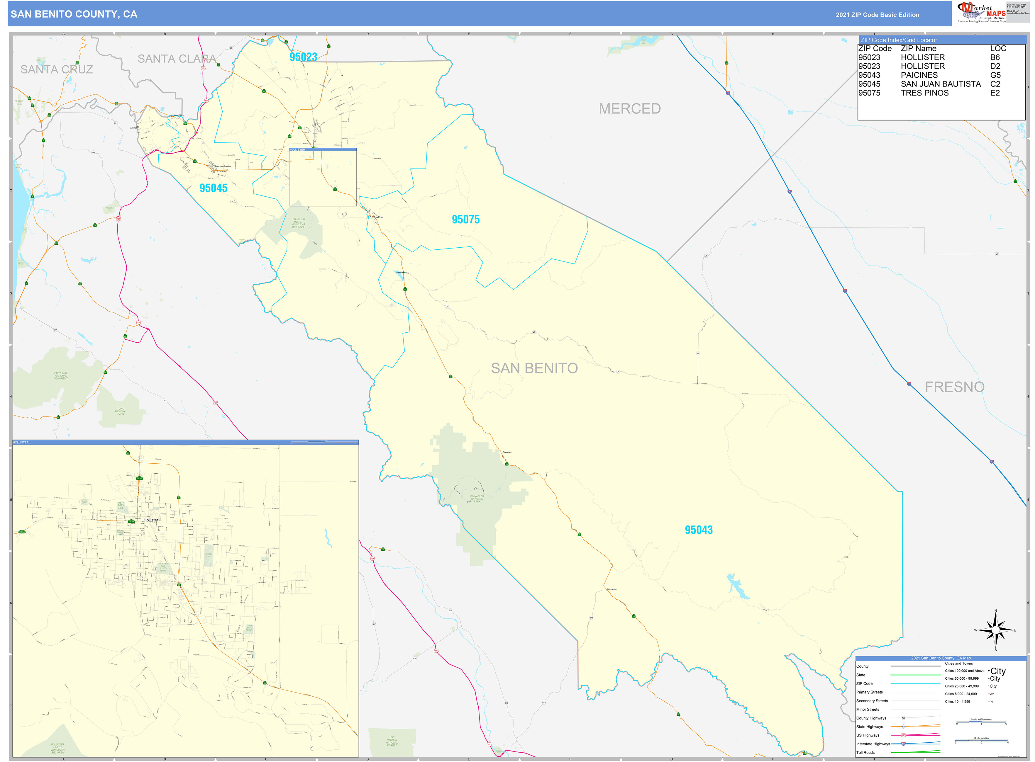 San Benito County, CA Zip Code Wall Map Basic Style by MarketMAPS