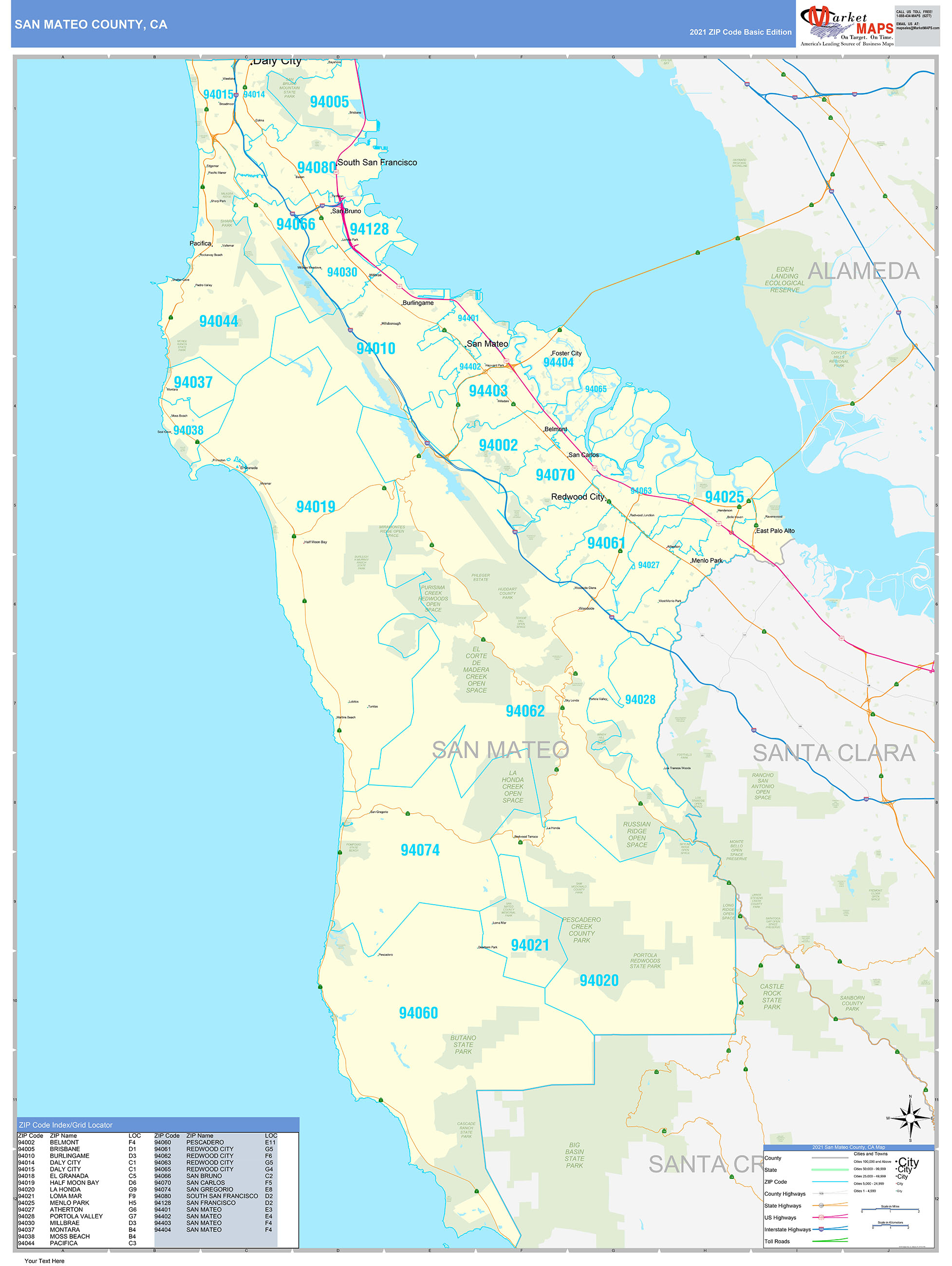 San Mateo County, CA Zip Code Wall Map Basic Style by MarketMAPS - MapSales