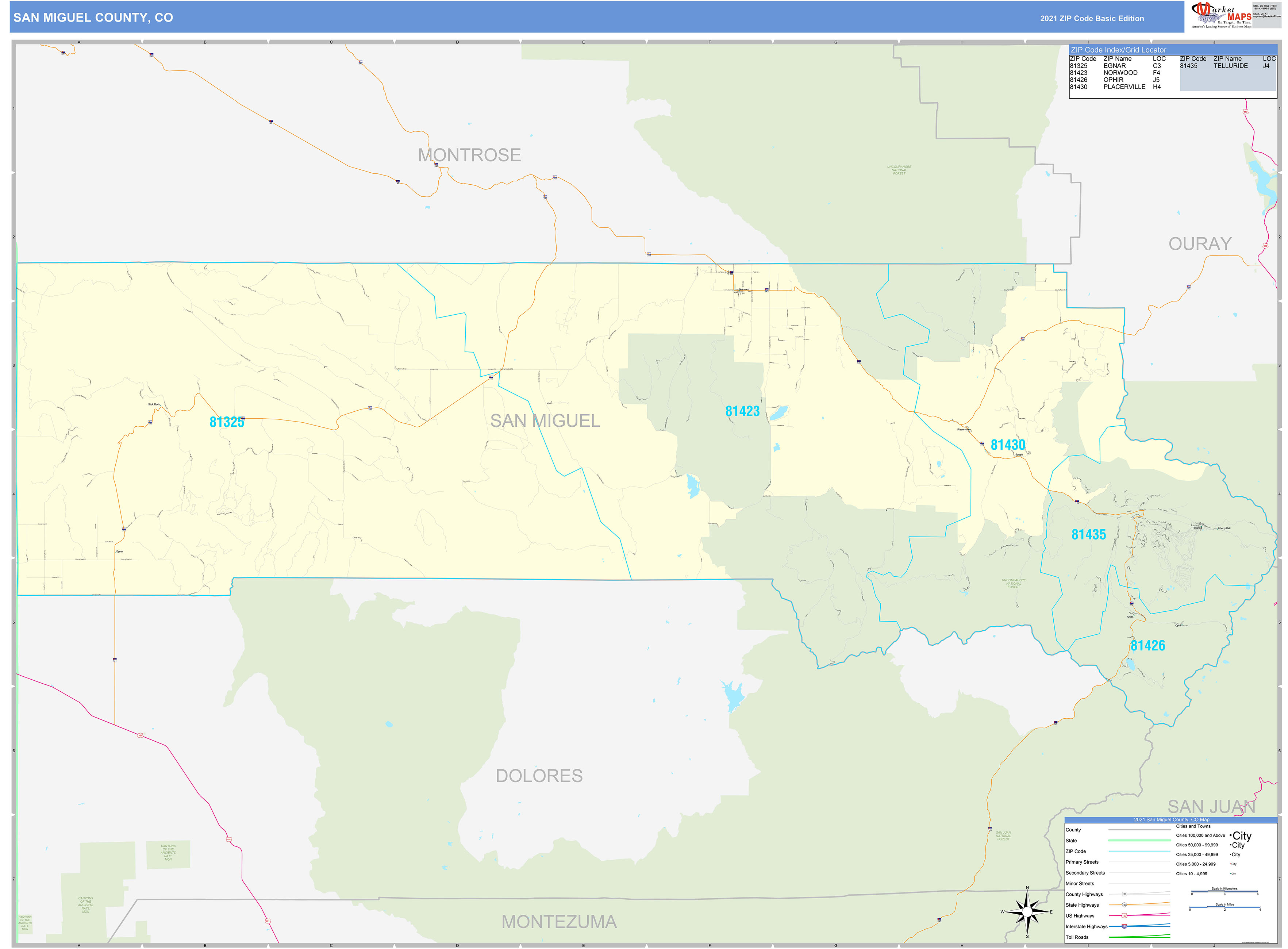 San Miguel County, CO Zip Code Wall Map Basic Style by MarketMAPS MapSales