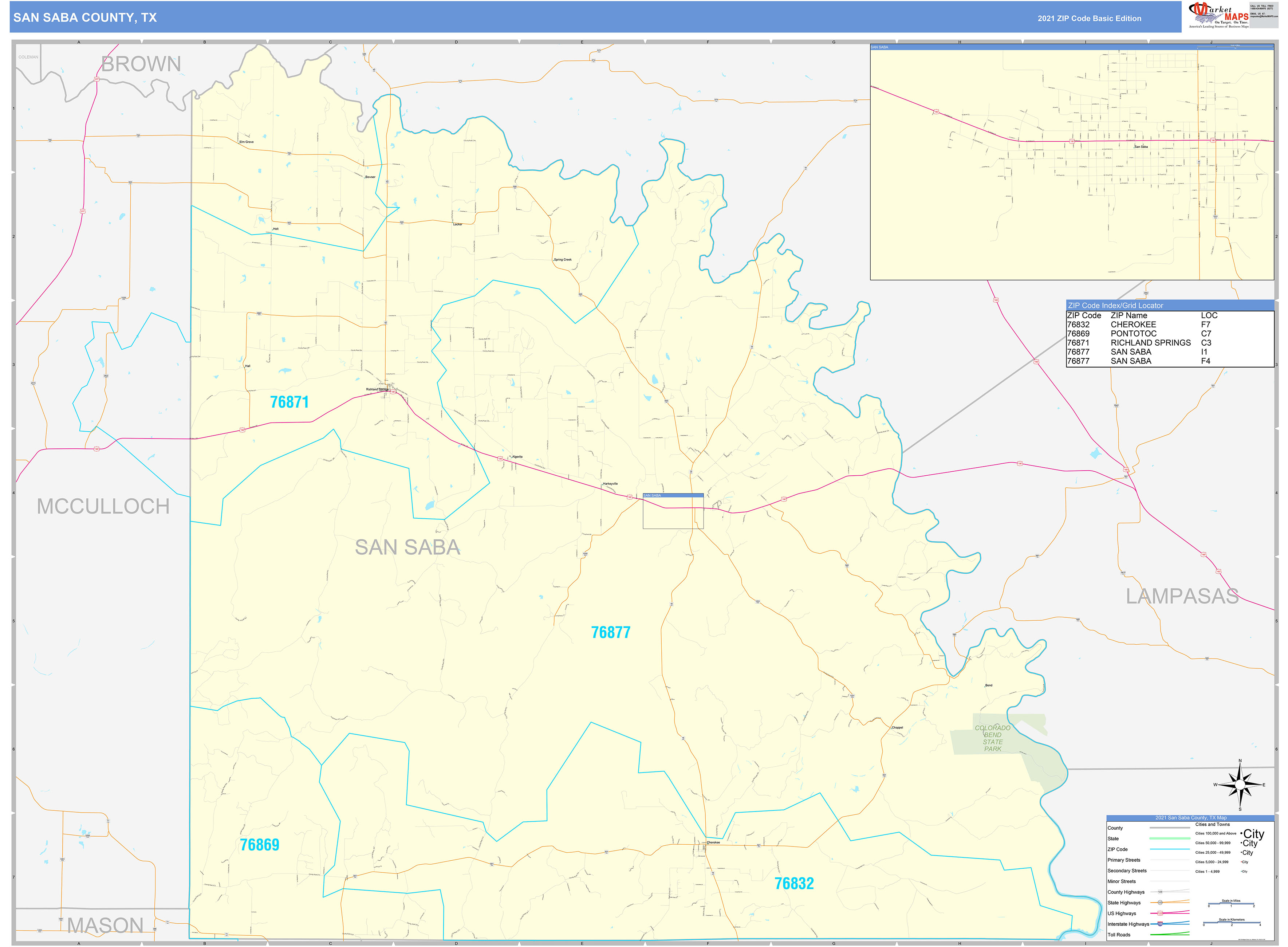 San Saba County, TX Zip Code Wall Map Basic Style by MarketMAPS
