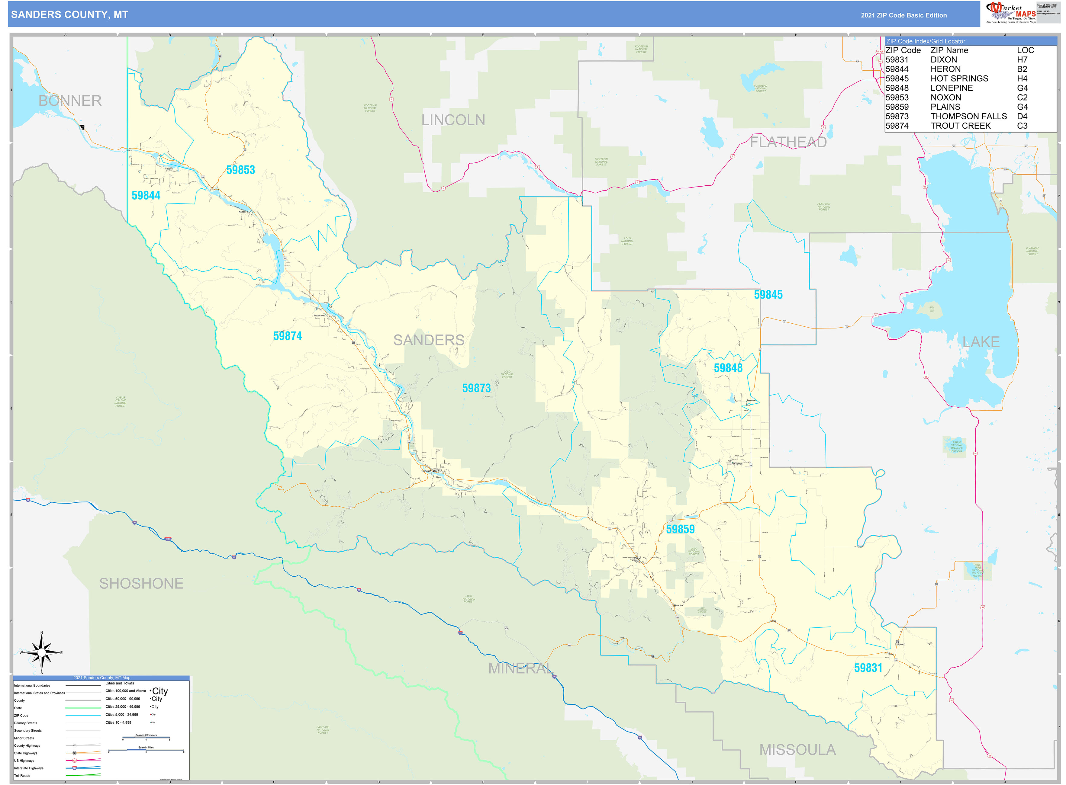 Sanders County, MT Zip Code Wall Map Basic Style by MarketMAPS MapSales
