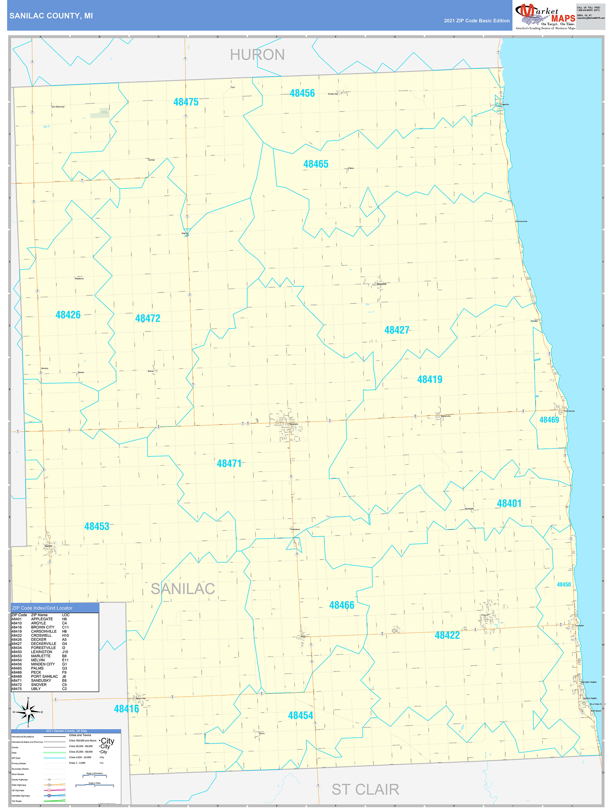 Sanilac County, MI Zip Code Wall Map Basic Style by MarketMAPS