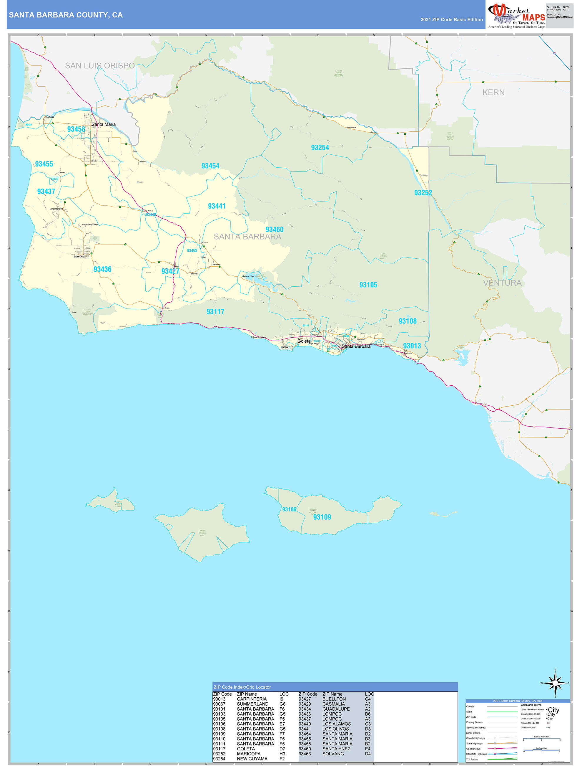 Santa Barbara County, CA Zip Code Wall Map Basic Style by MarketMAPS MapSales