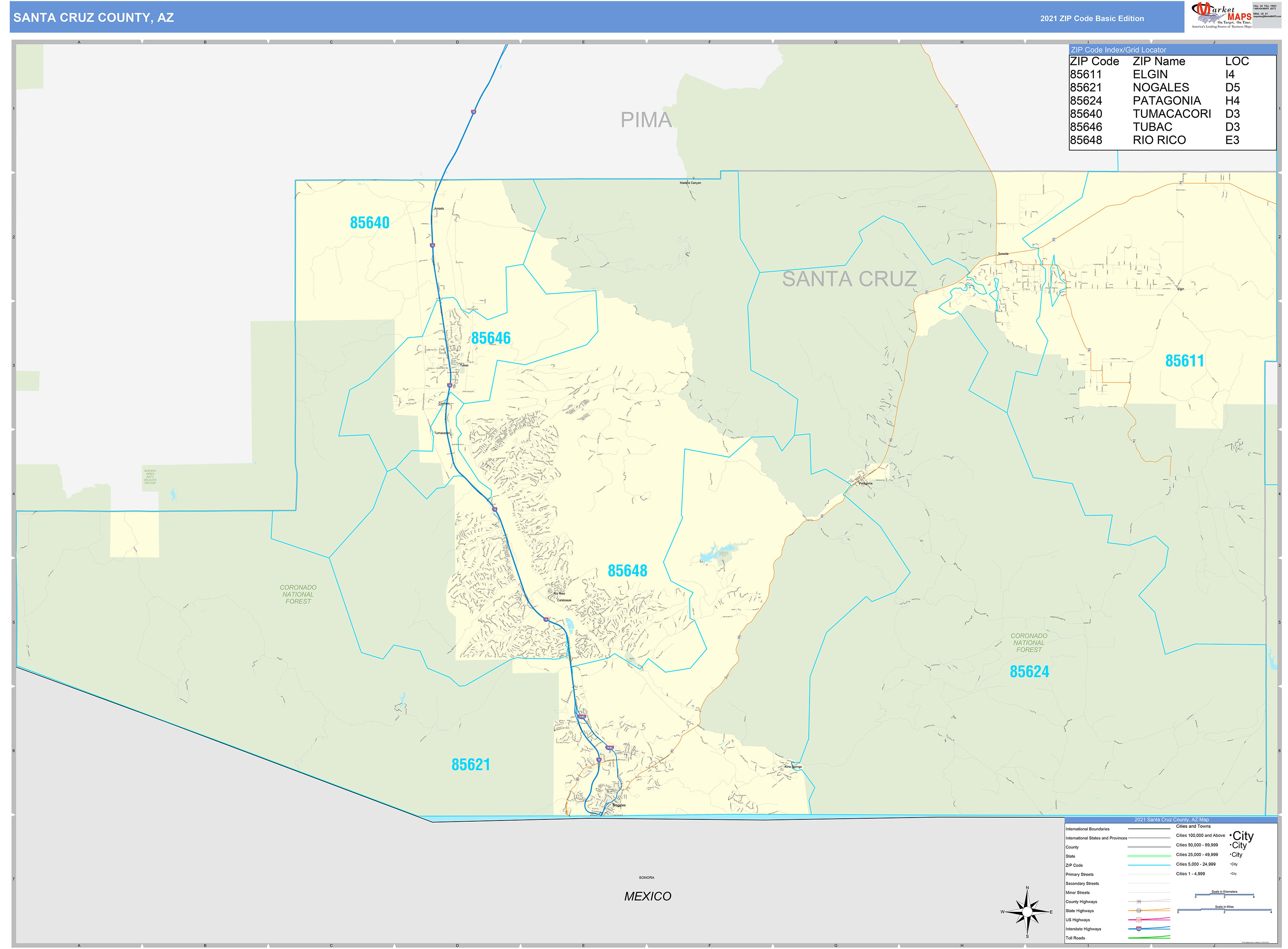 Santa Cruz County, AZ Zip Code Wall Map Basic Style by MarketMAPS