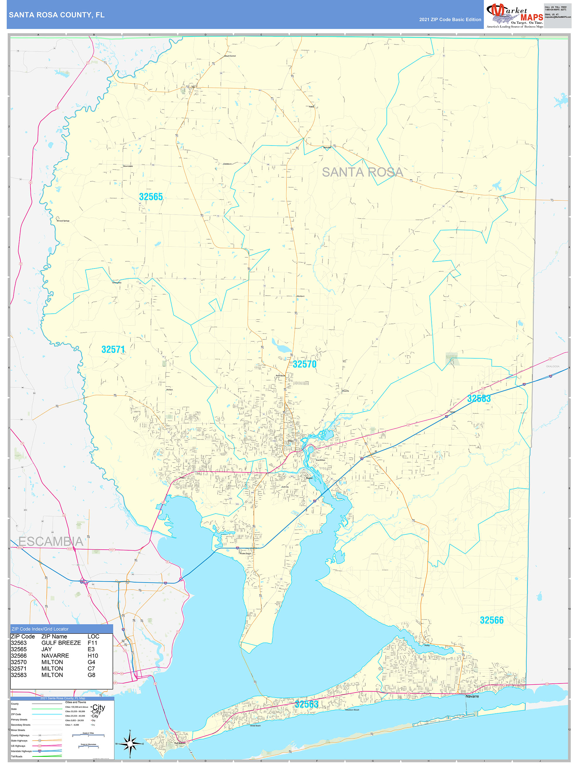 Santa Rosa County, FL Zip Code Wall Map Basic Style by MarketMAPS