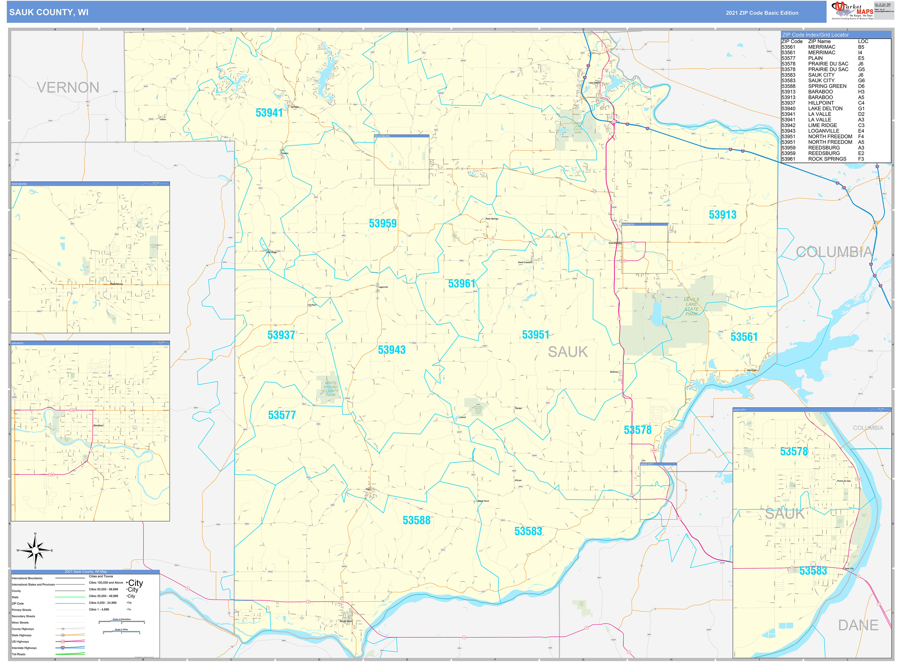 Sauk County, WI Zip Code Wall Map Basic Style by MarketMAPS MapSales