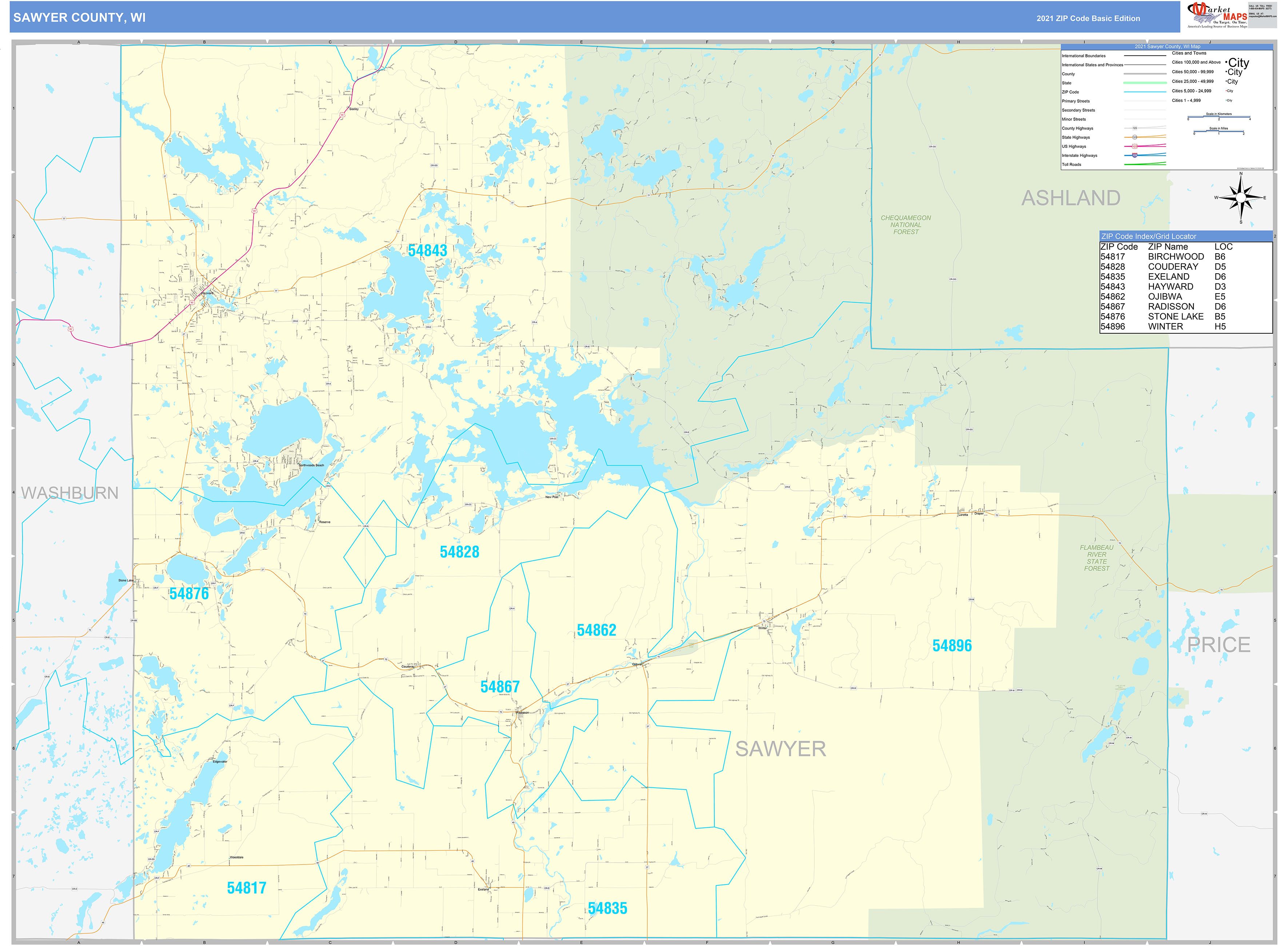 Sawyer County, WI Zip Code Wall Map Basic Style by MarketMAPS MapSales