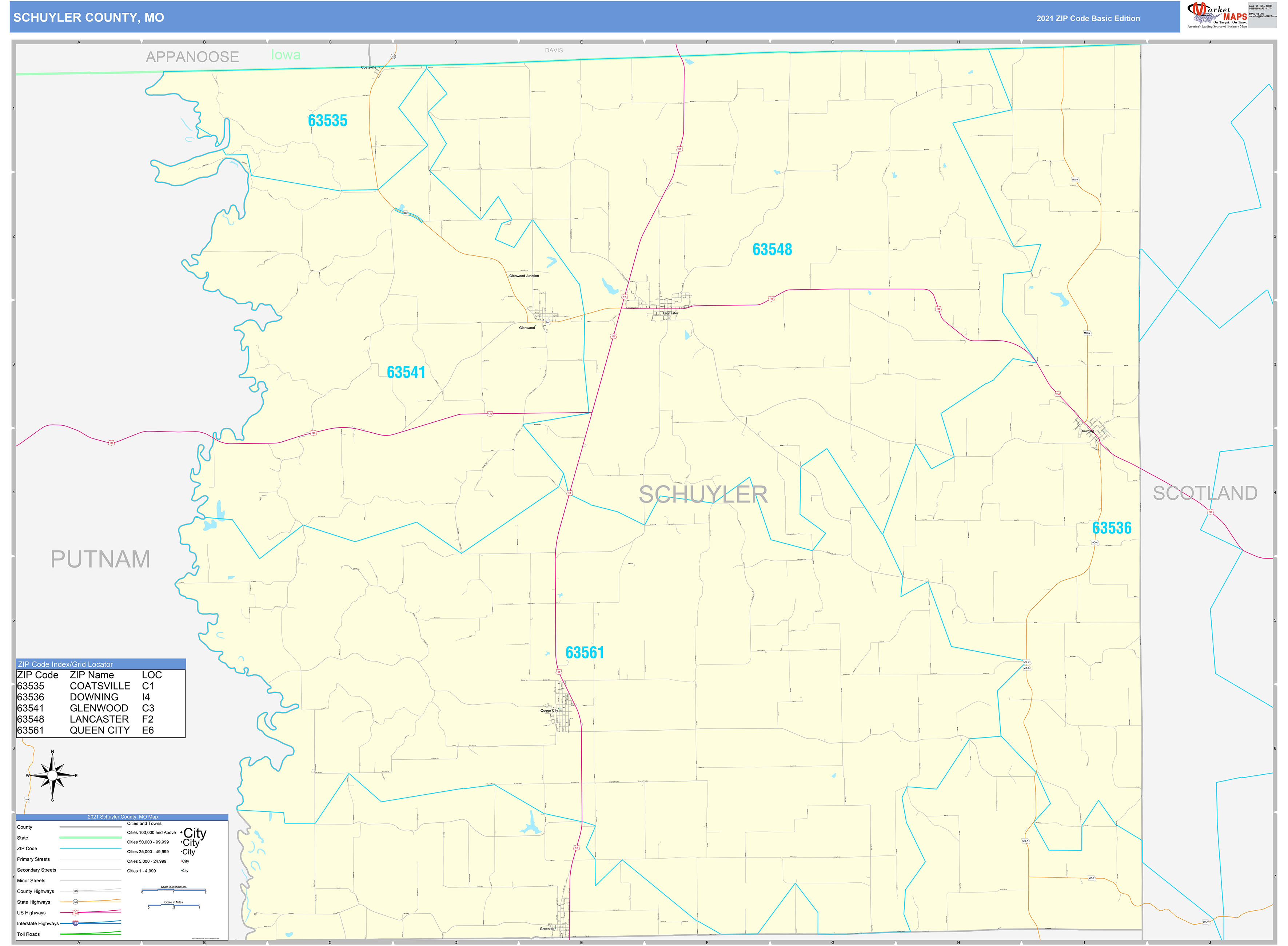 Schuyler County, MO Zip Code Wall Map Basic Style by MarketMAPS MapSales