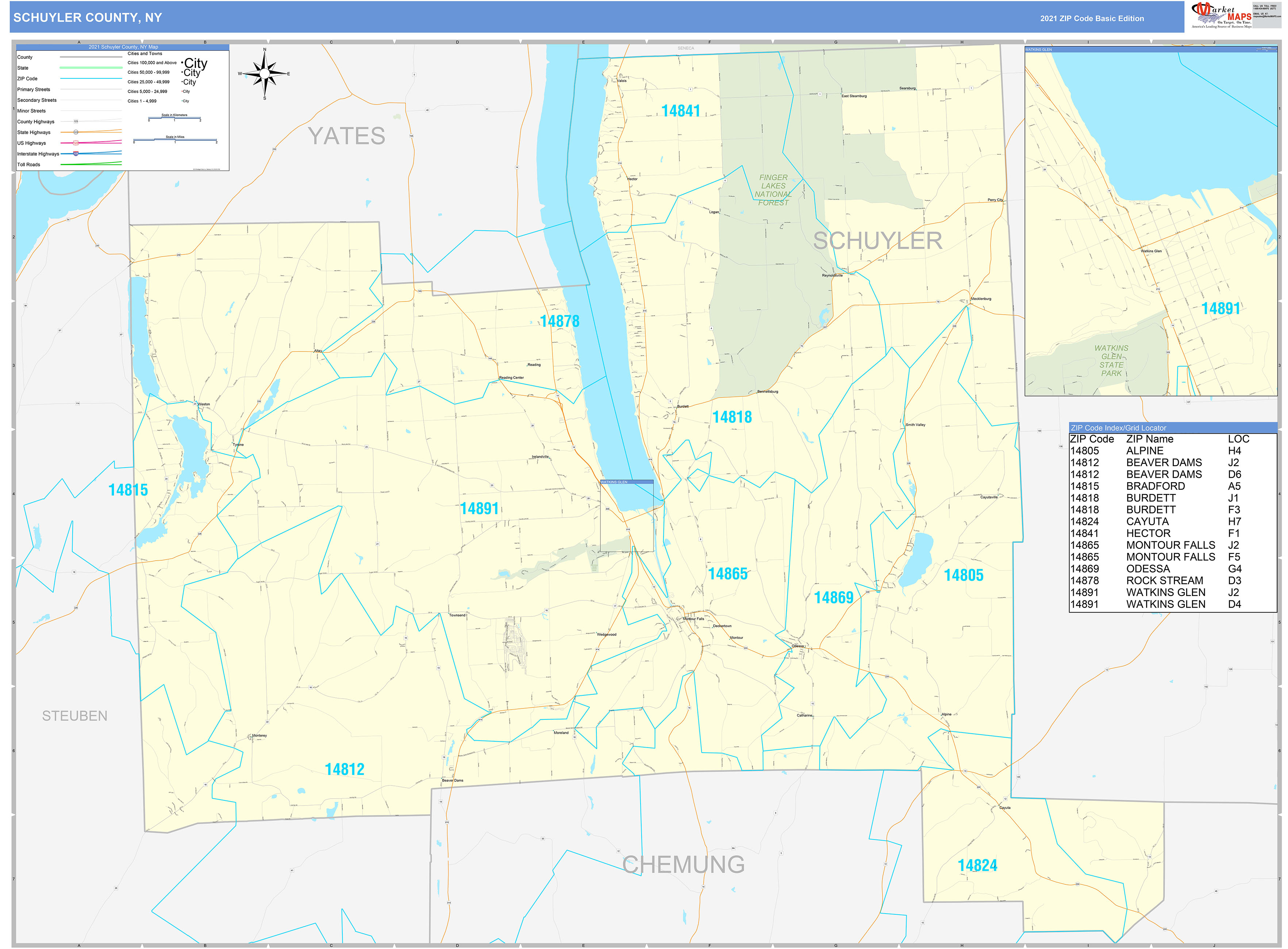 Schuyler County, NY Zip Code Wall Map Basic Style by MarketMAPS