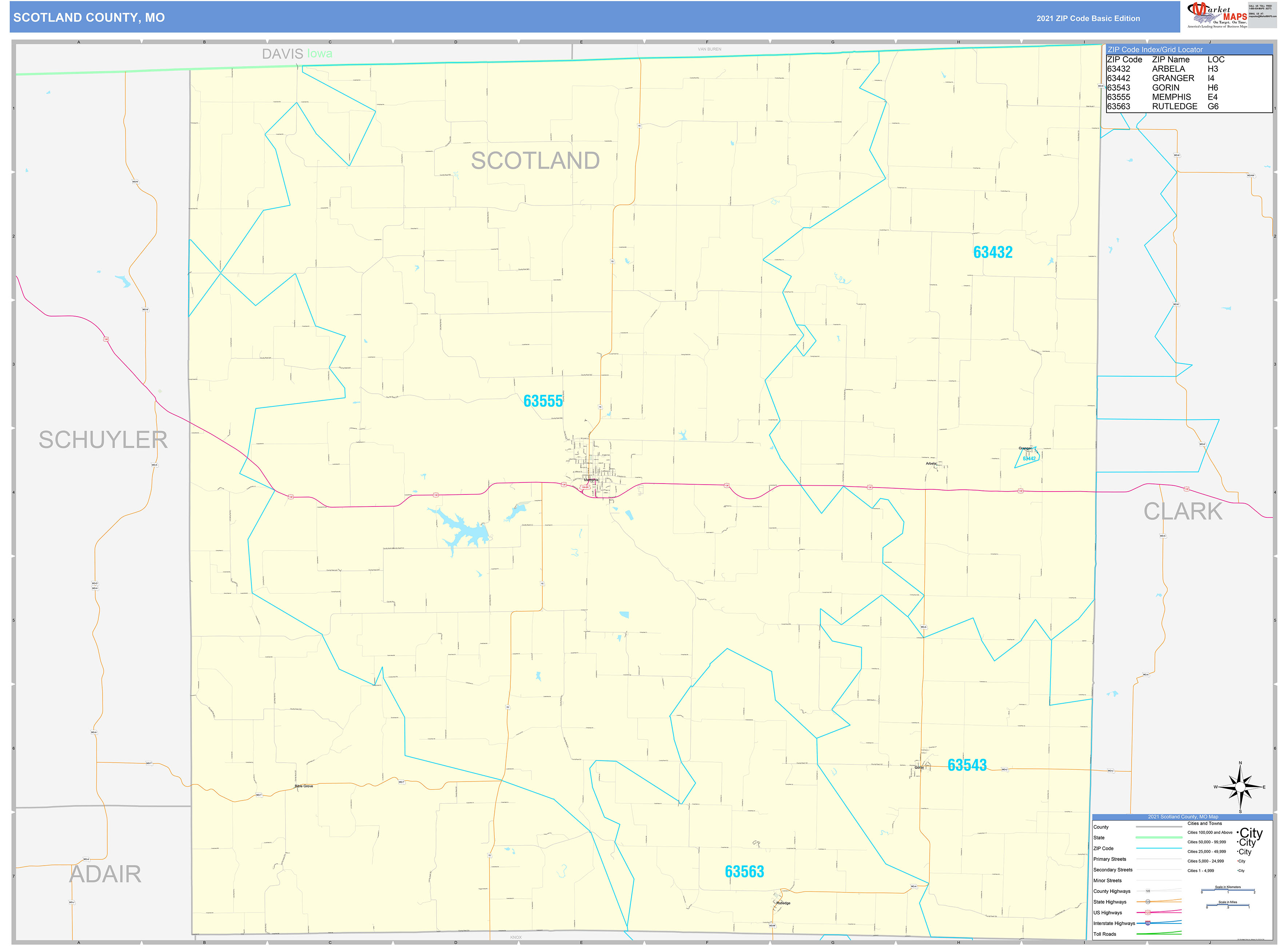 Scotland County, MO Zip Code Wall Map Basic Style by MarketMAPS MapSales