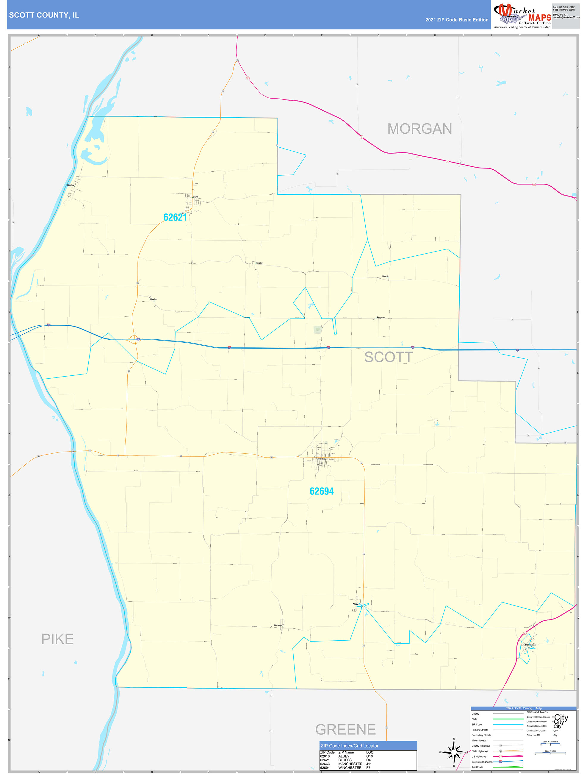 Scott County, IL Zip Code Wall Map Basic Style by MarketMAPS MapSales