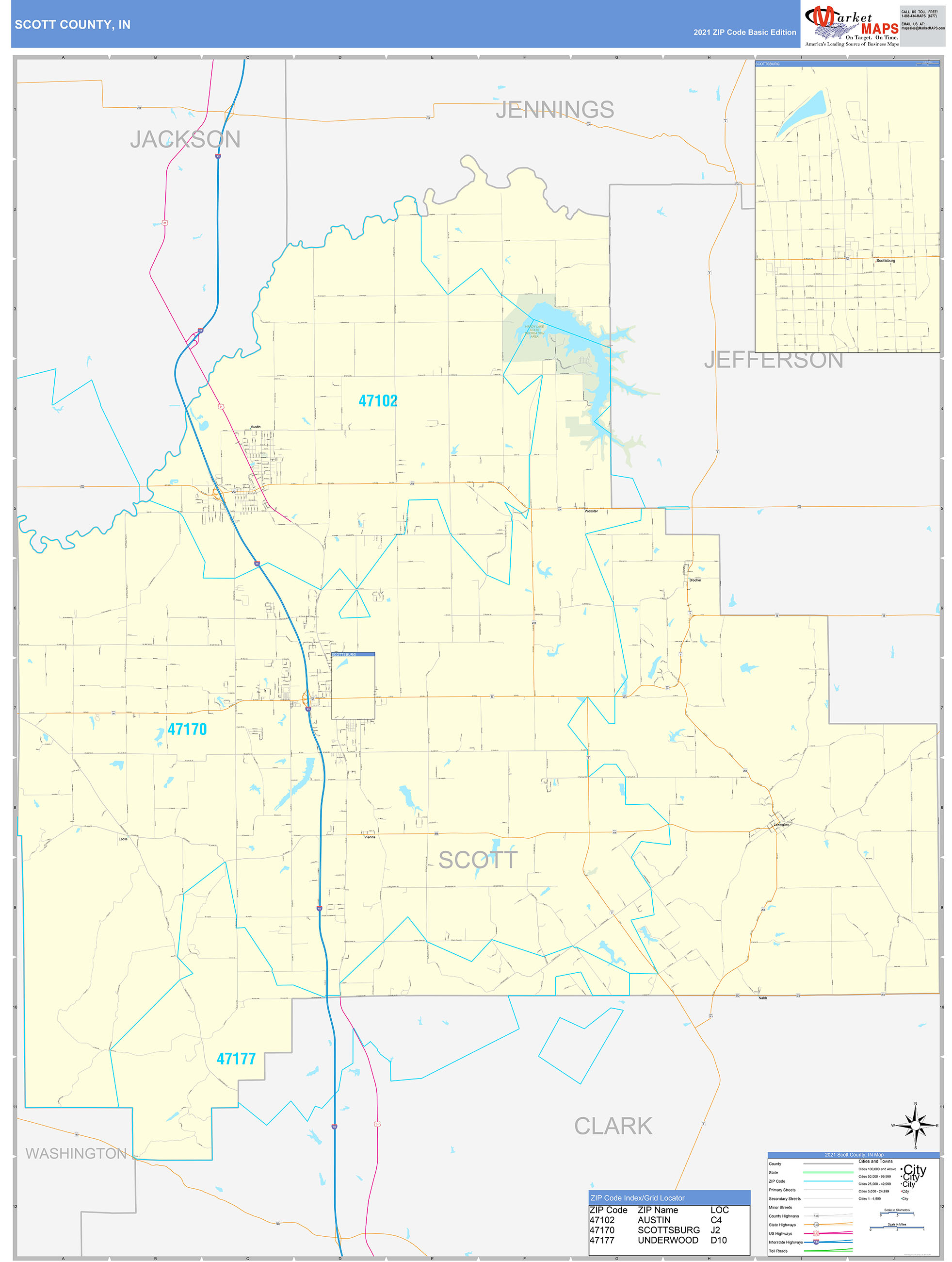 Scott County, IN Zip Code Wall Map Basic Style by MarketMAPS