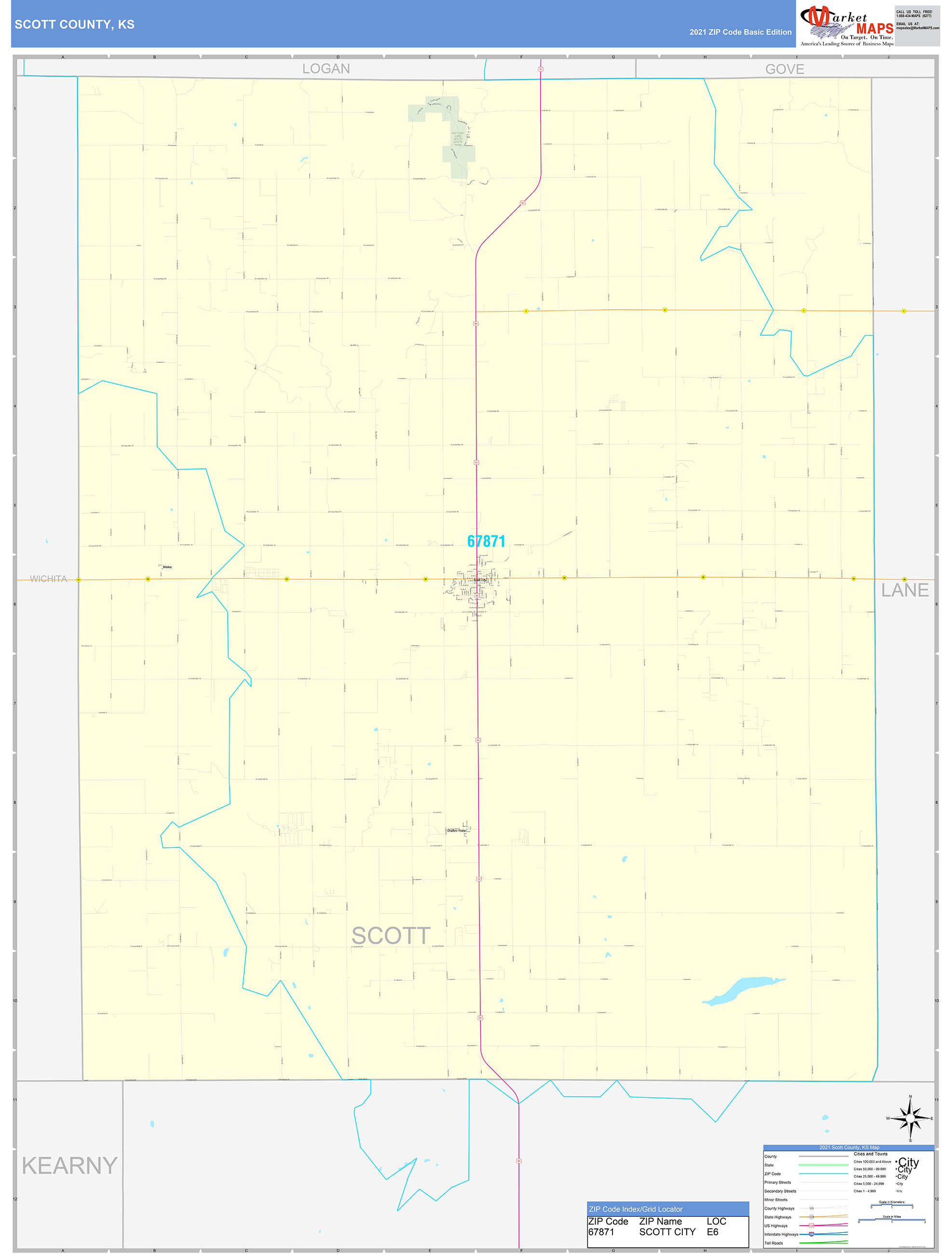 Scott County, KS Zip Code Wall Map Basic Style by MarketMAPS