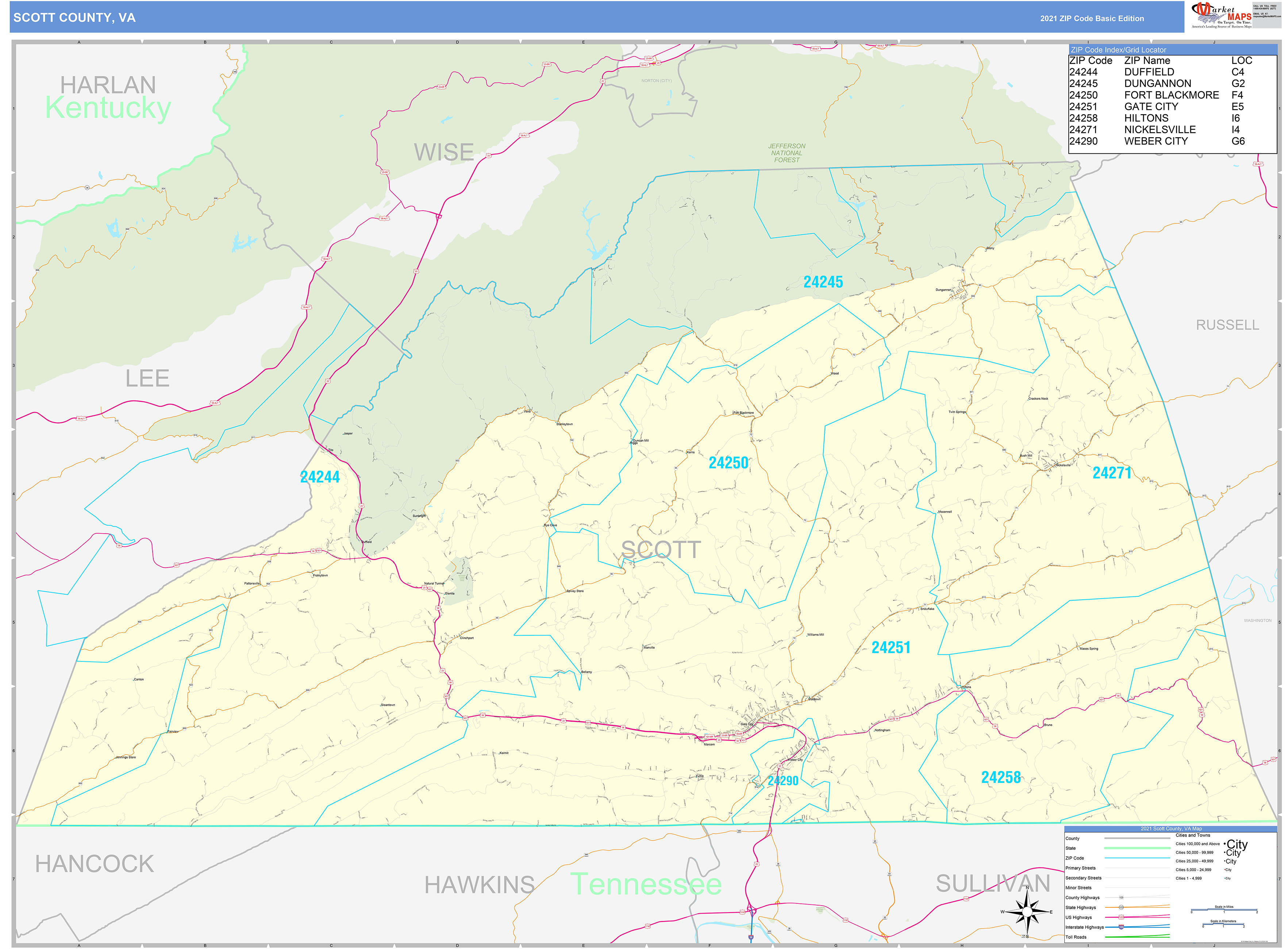 Scott County, VA Zip Code Wall Map Basic Style by MarketMAPS