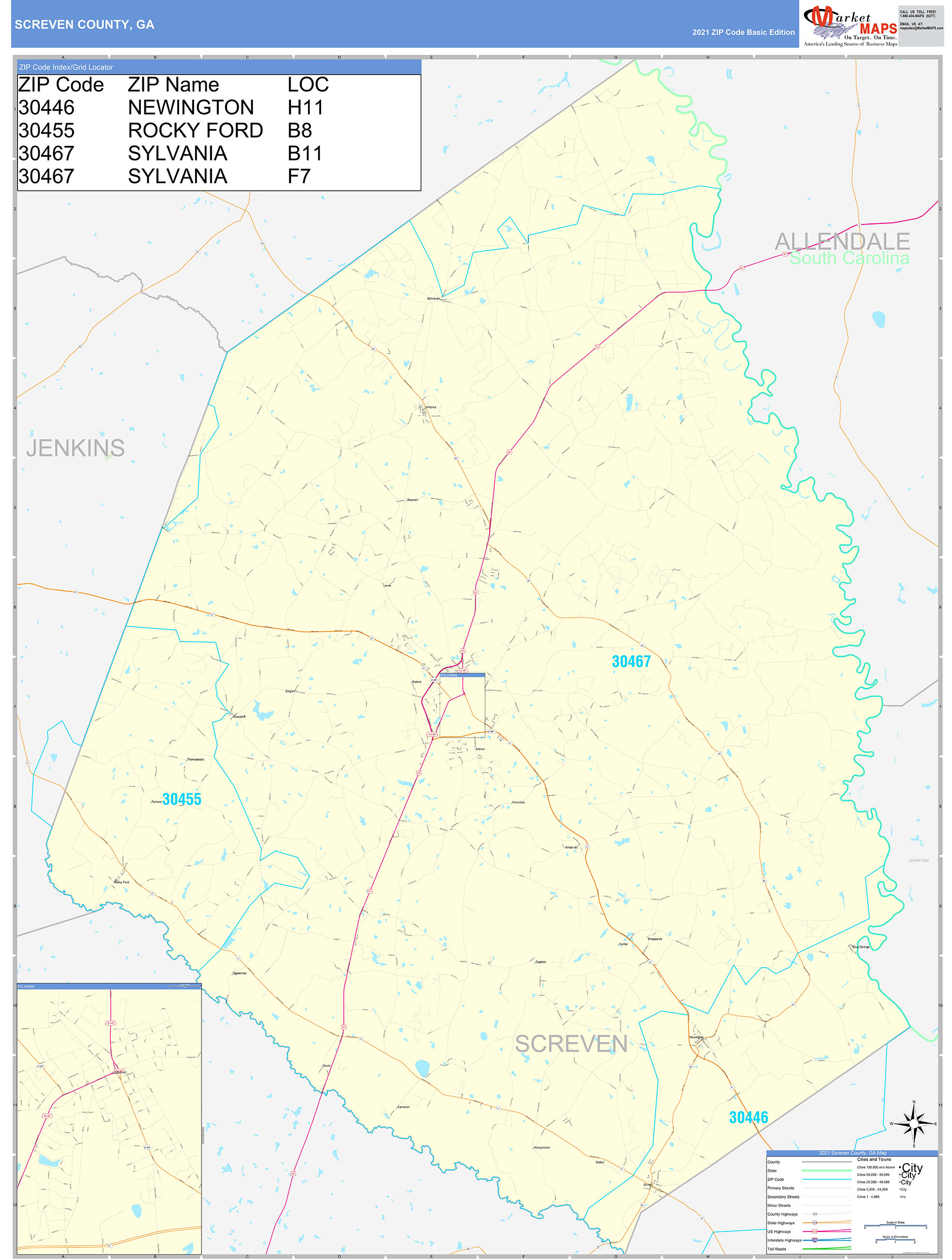 Screven County, GA Zip Code Wall Map Basic Style by MarketMAPS
