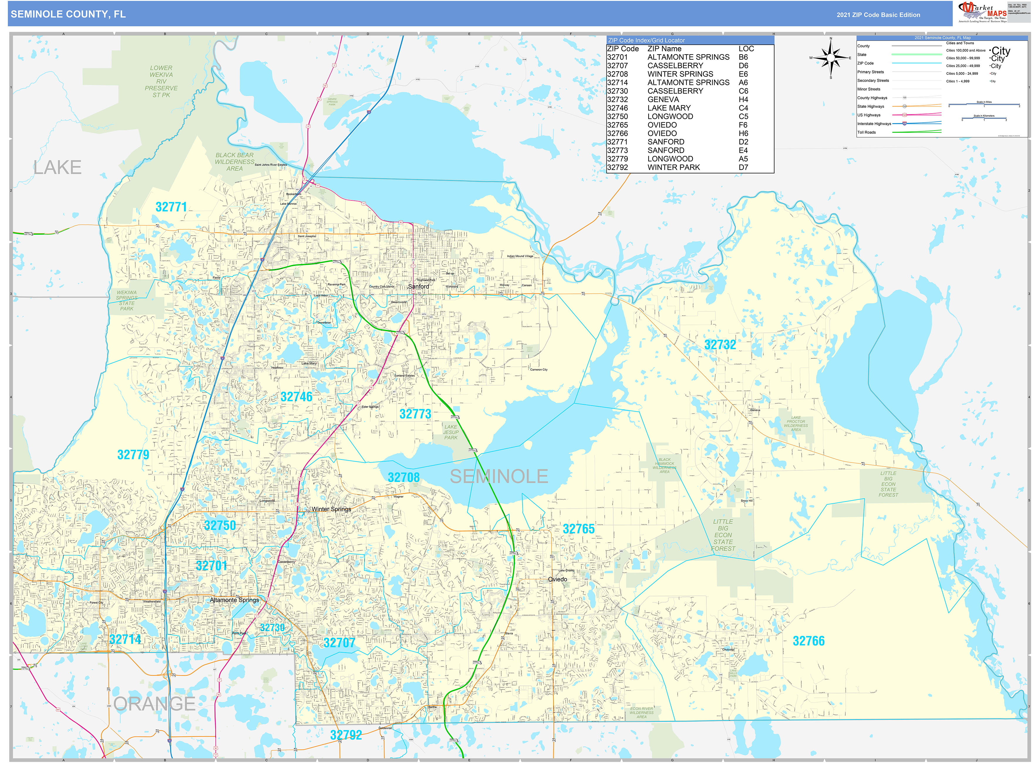 Seminole County, FL Zip Code Wall Map Basic Style by MarketMAPS MapSales