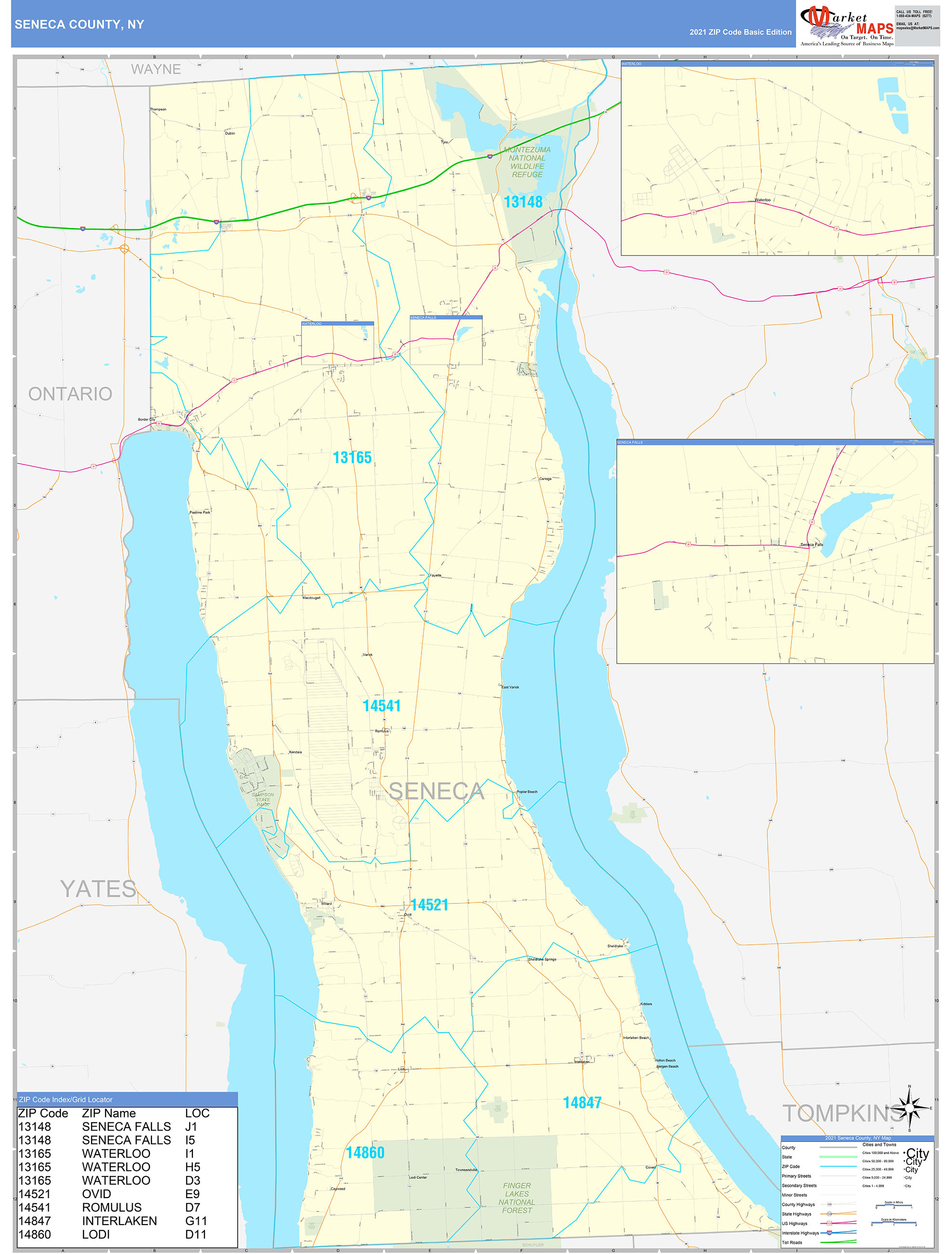 Seneca County, NY Zip Code Wall Map Basic Style by MarketMAPS