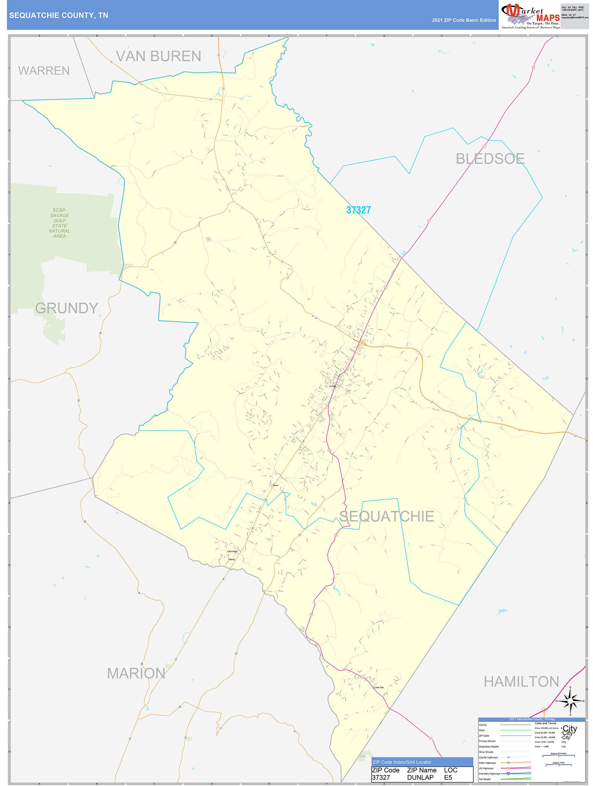 Sequatchie County, TN Zip Code Wall Map Basic Style by MarketMAPS