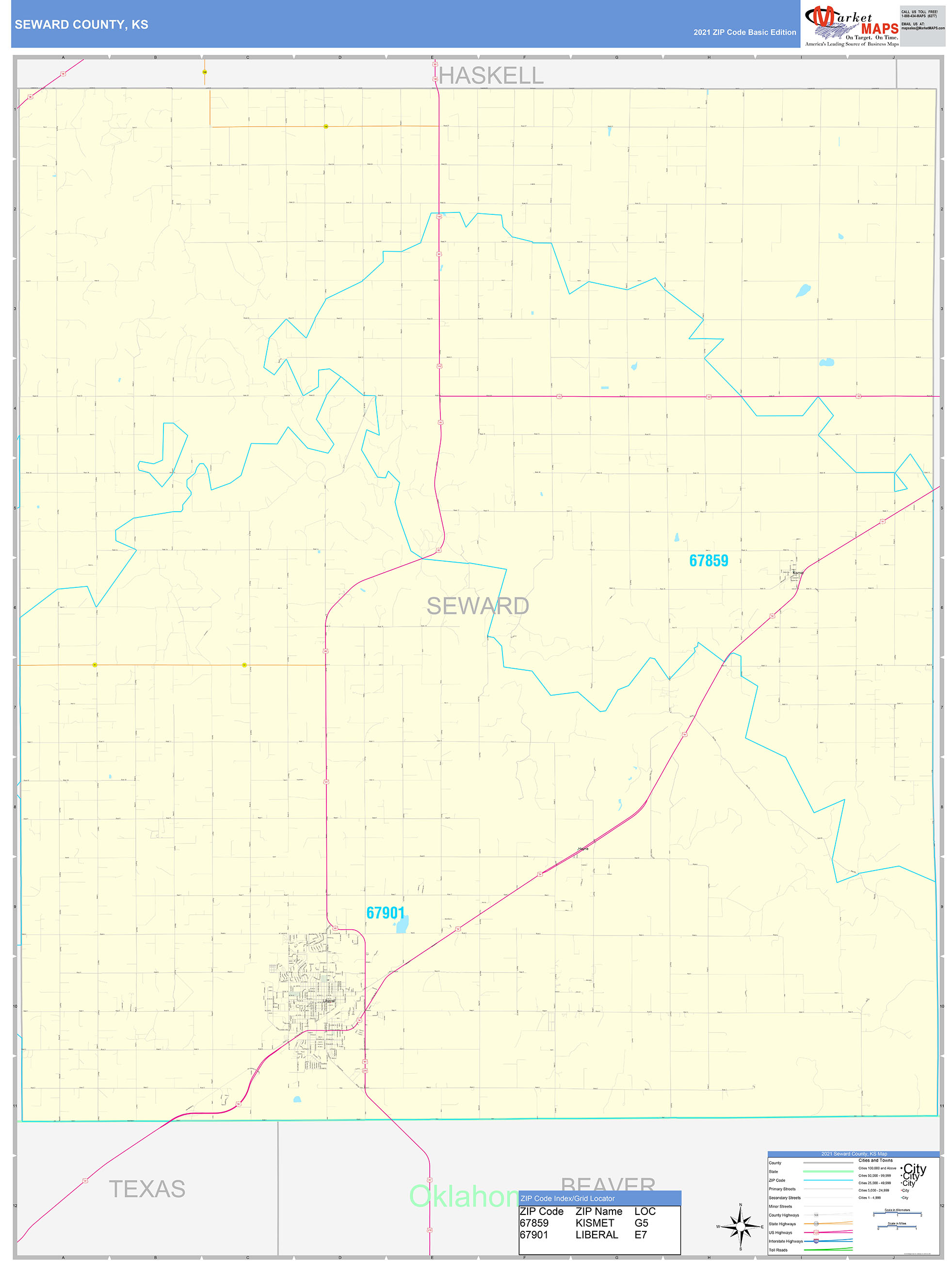 Seward County, KS Zip Code Wall Map Basic Style by MarketMAPS