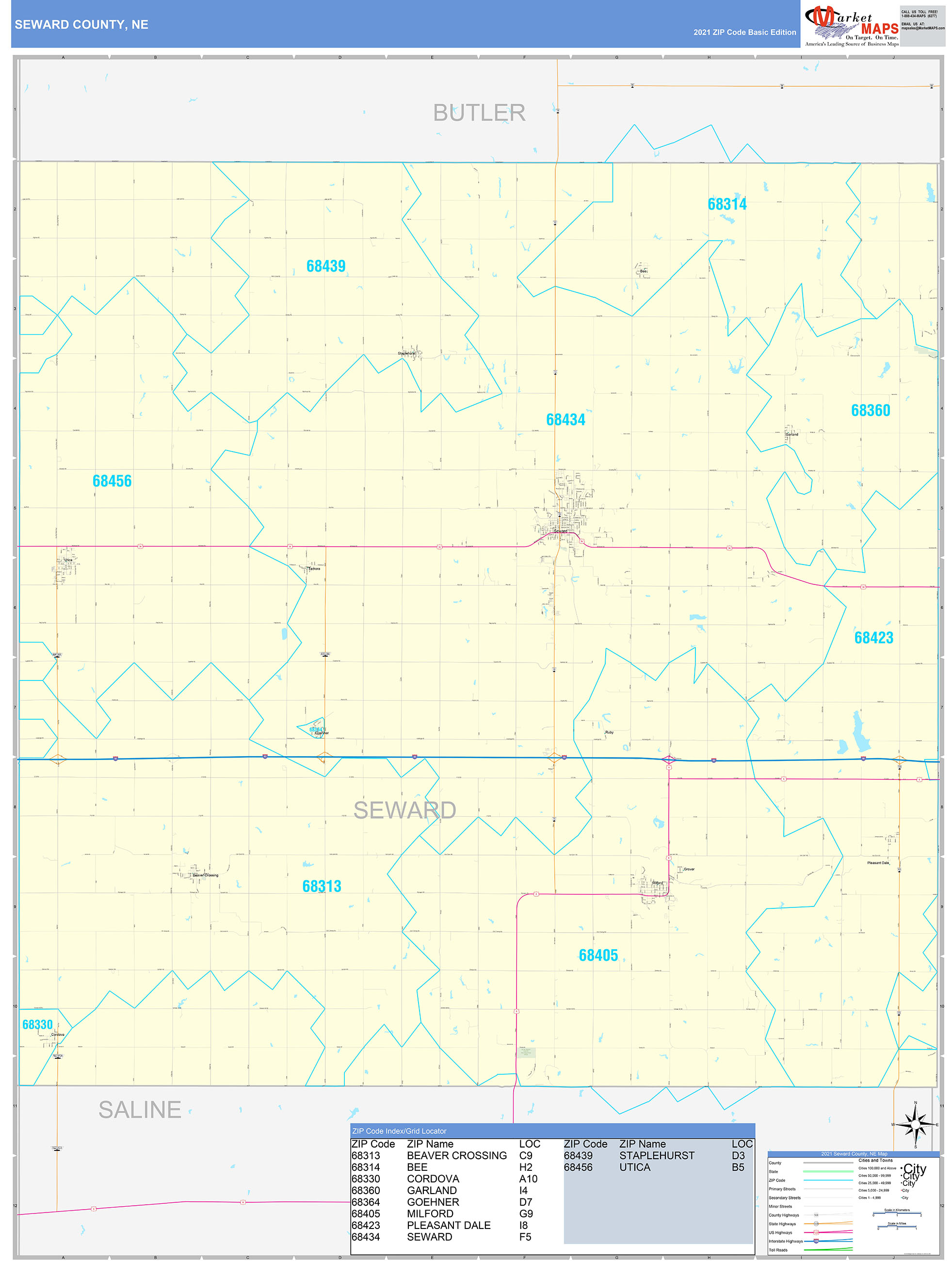 Seward County, NE Zip Code Wall Map Basic Style by MarketMAPS