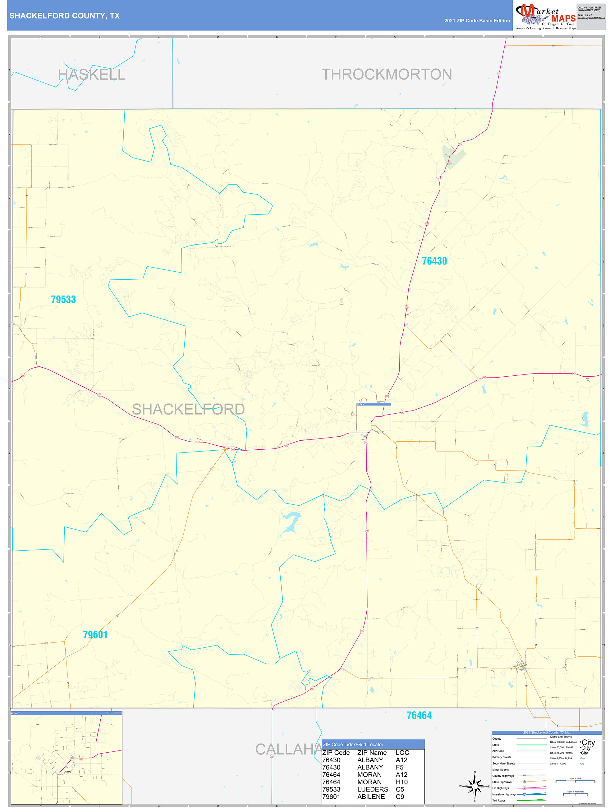 Shackelford County, TX Zip Code Wall Map Basic Style by MarketMAPS