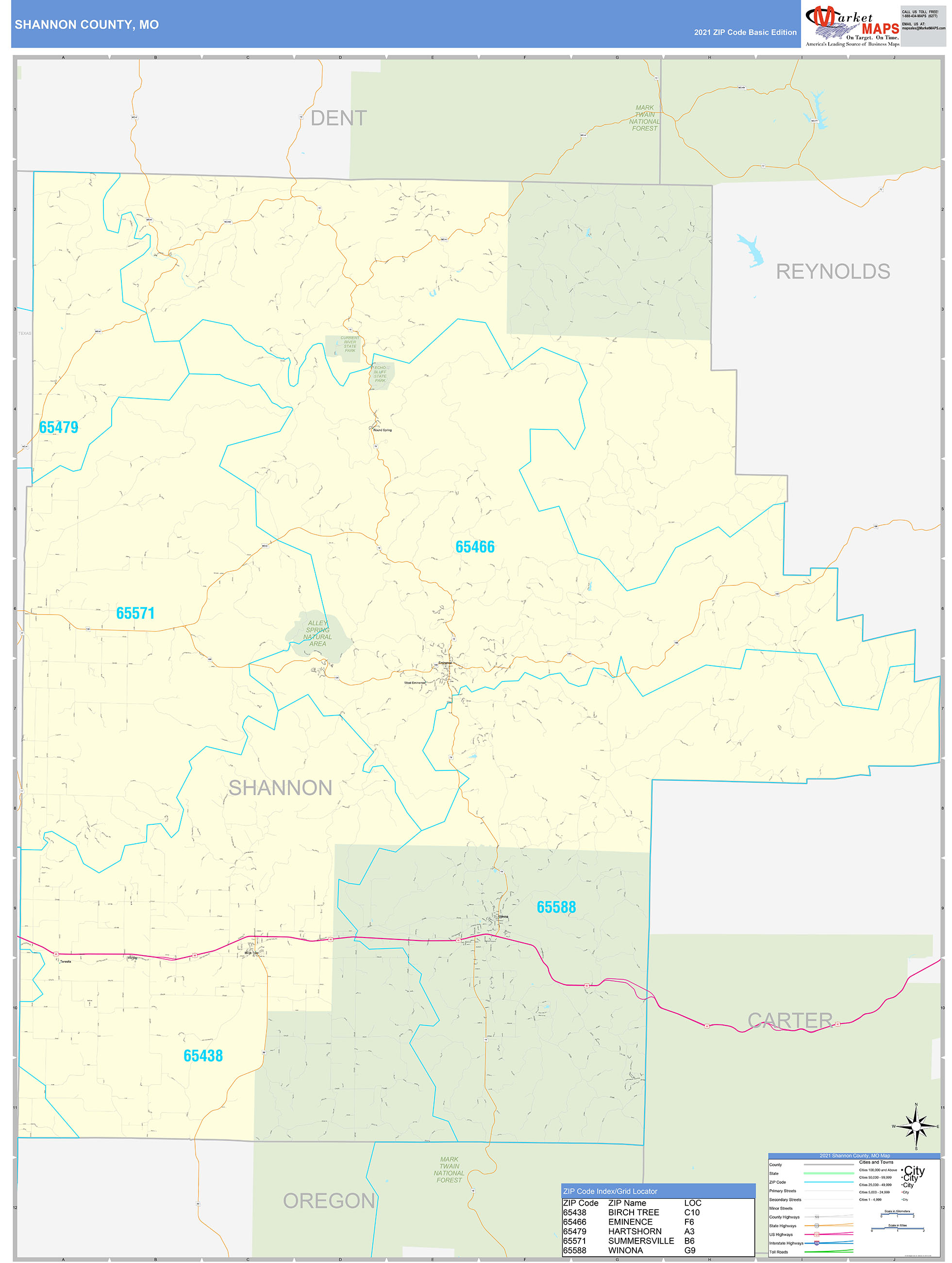 Shannon County, MO Zip Code Wall Map Basic Style by MarketMAPS