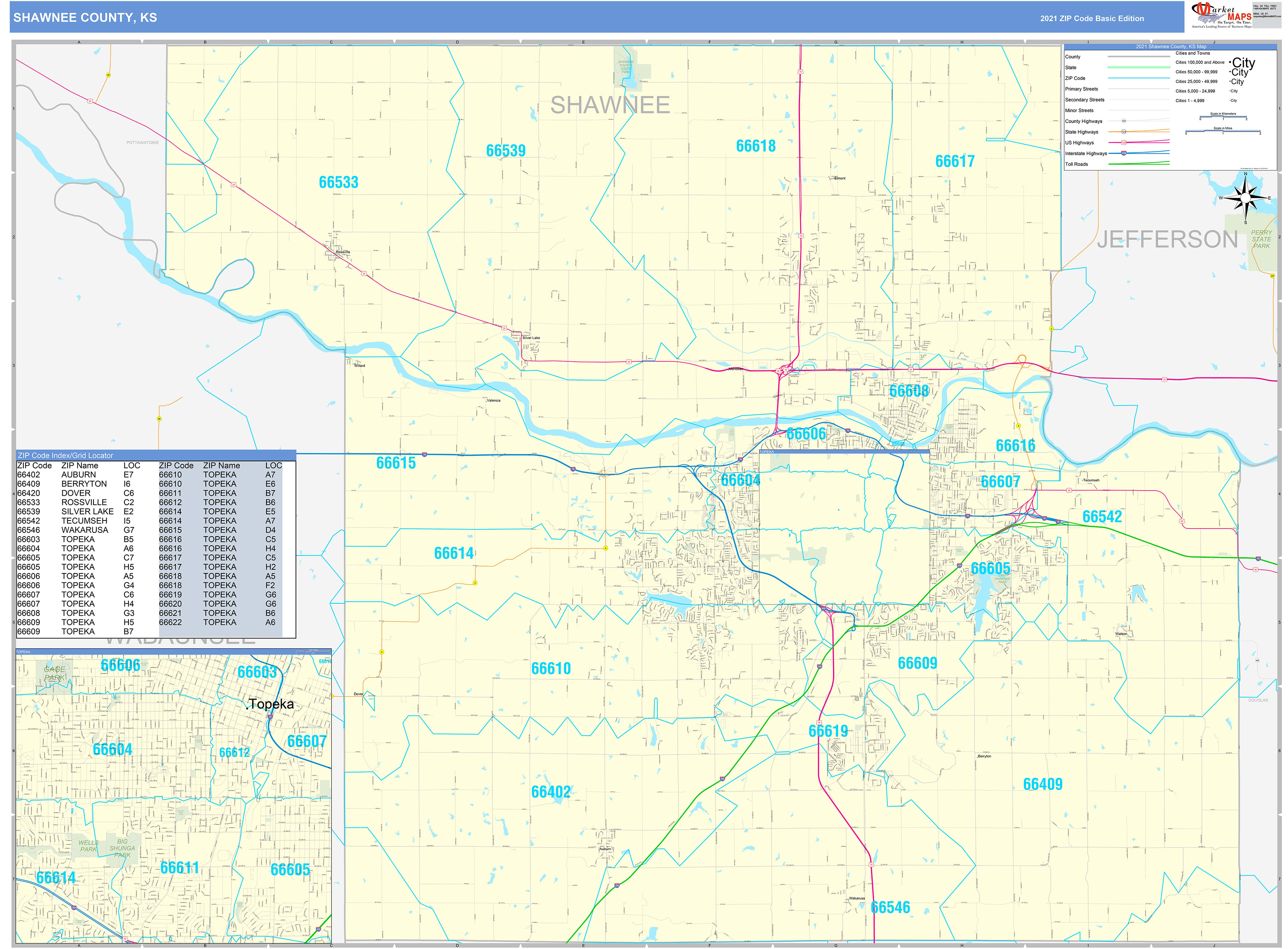 Shawnee County, KS Zip Code Wall Map Basic Style by MarketMAPS
