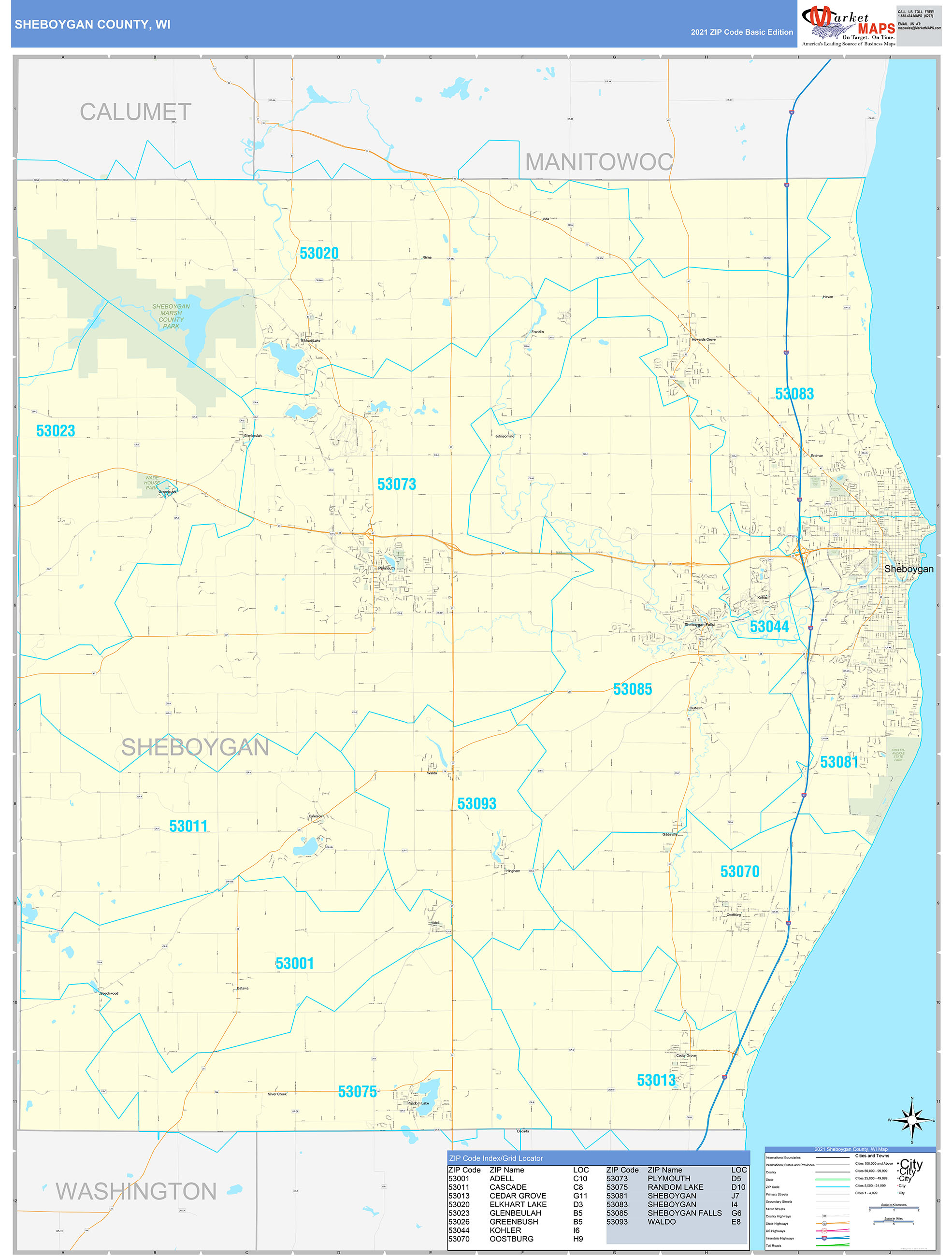Sheboygan County, WI Zip Code Wall Map Basic Style by MarketMAPS