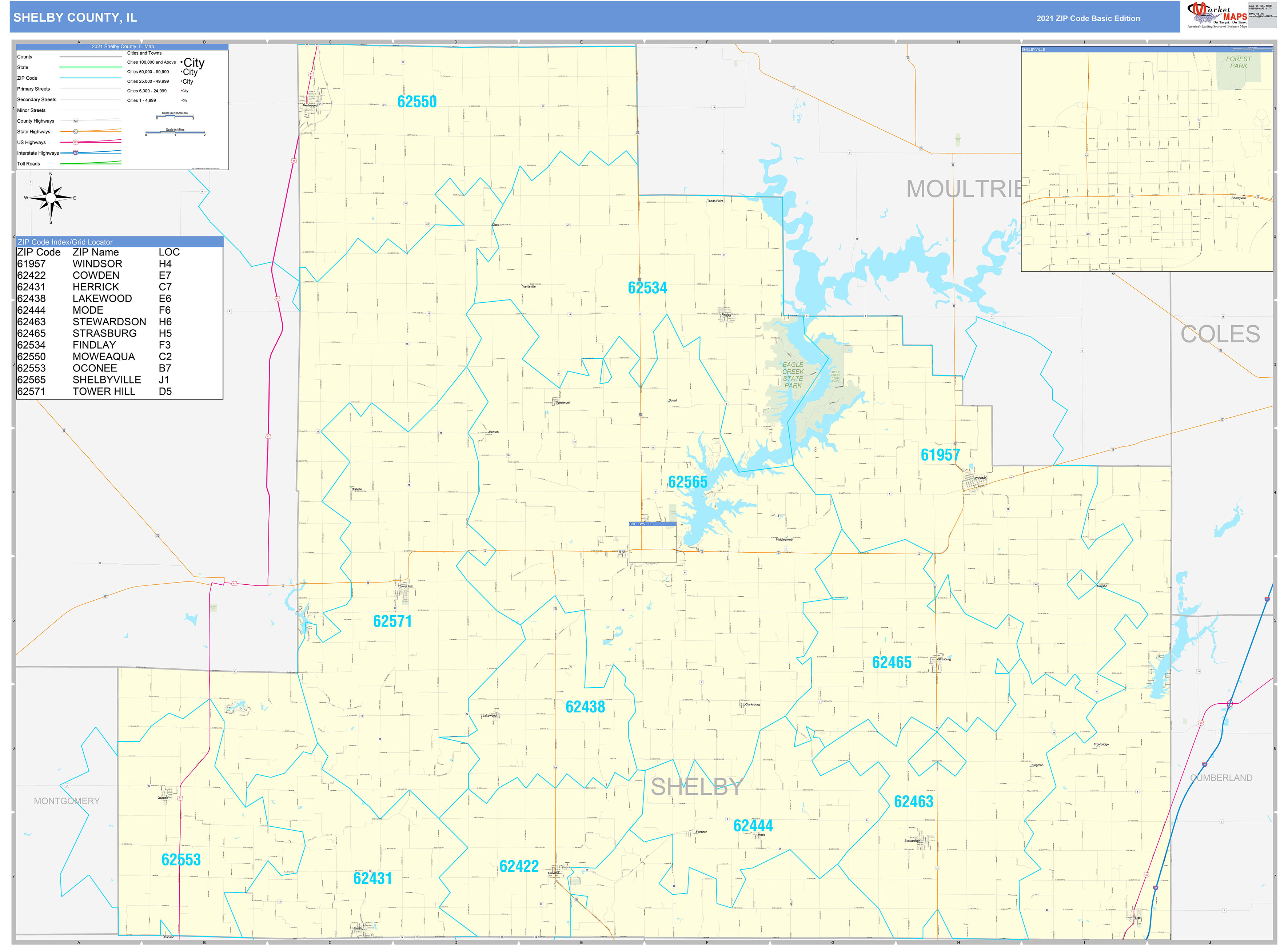 Shelby County, IL Zip Code Wall Map Basic Style by MarketMAPS MapSales