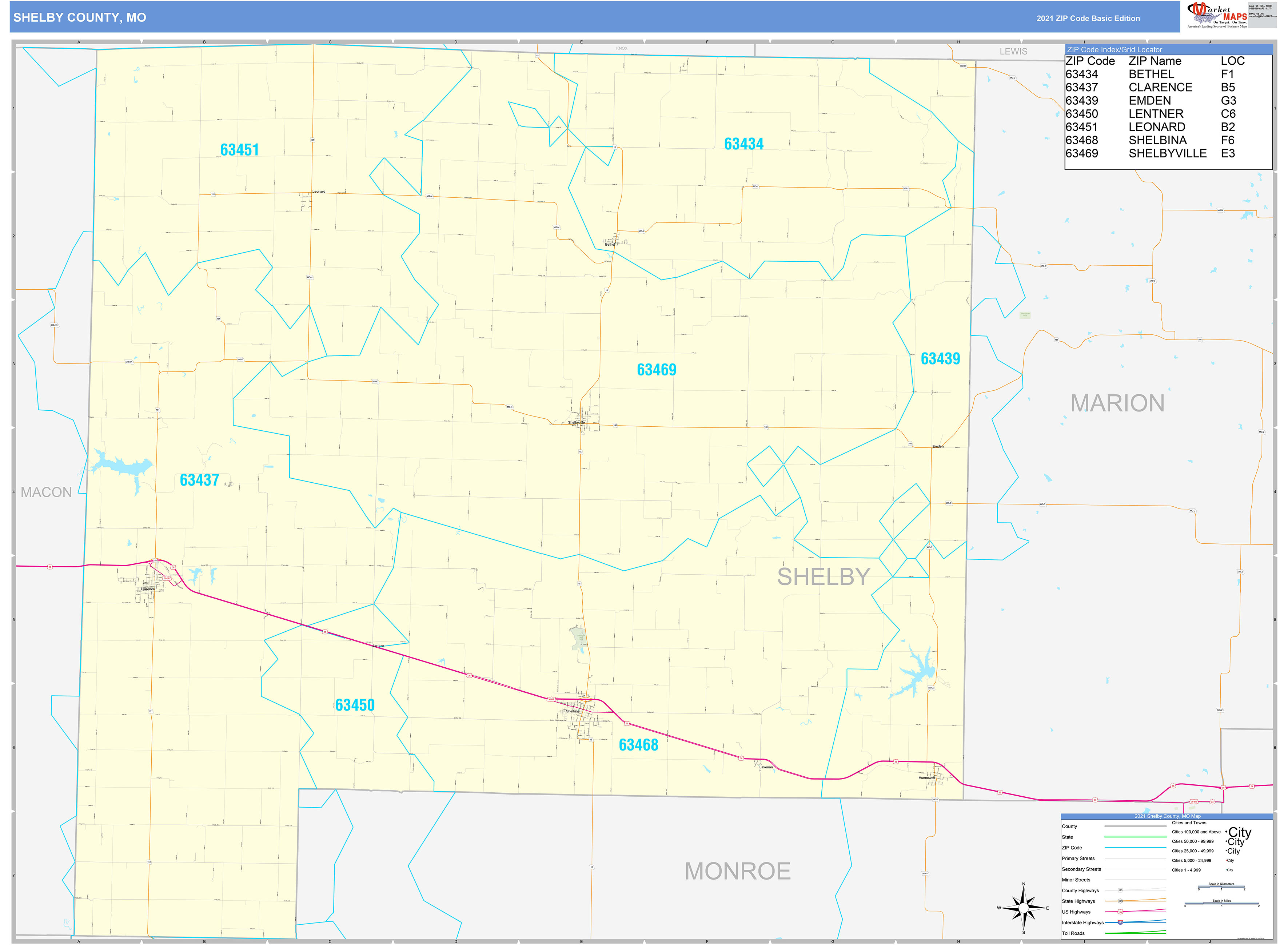 Shelby County, MO Zip Code Wall Map Basic Style by MarketMAPS