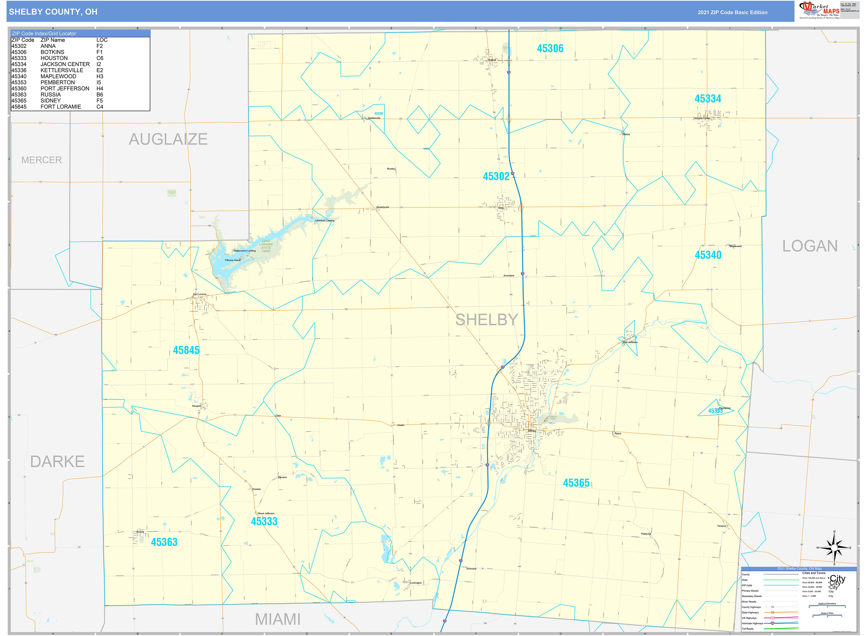 Shelby County, OH Zip Code Wall Map Basic Style by MarketMAPS