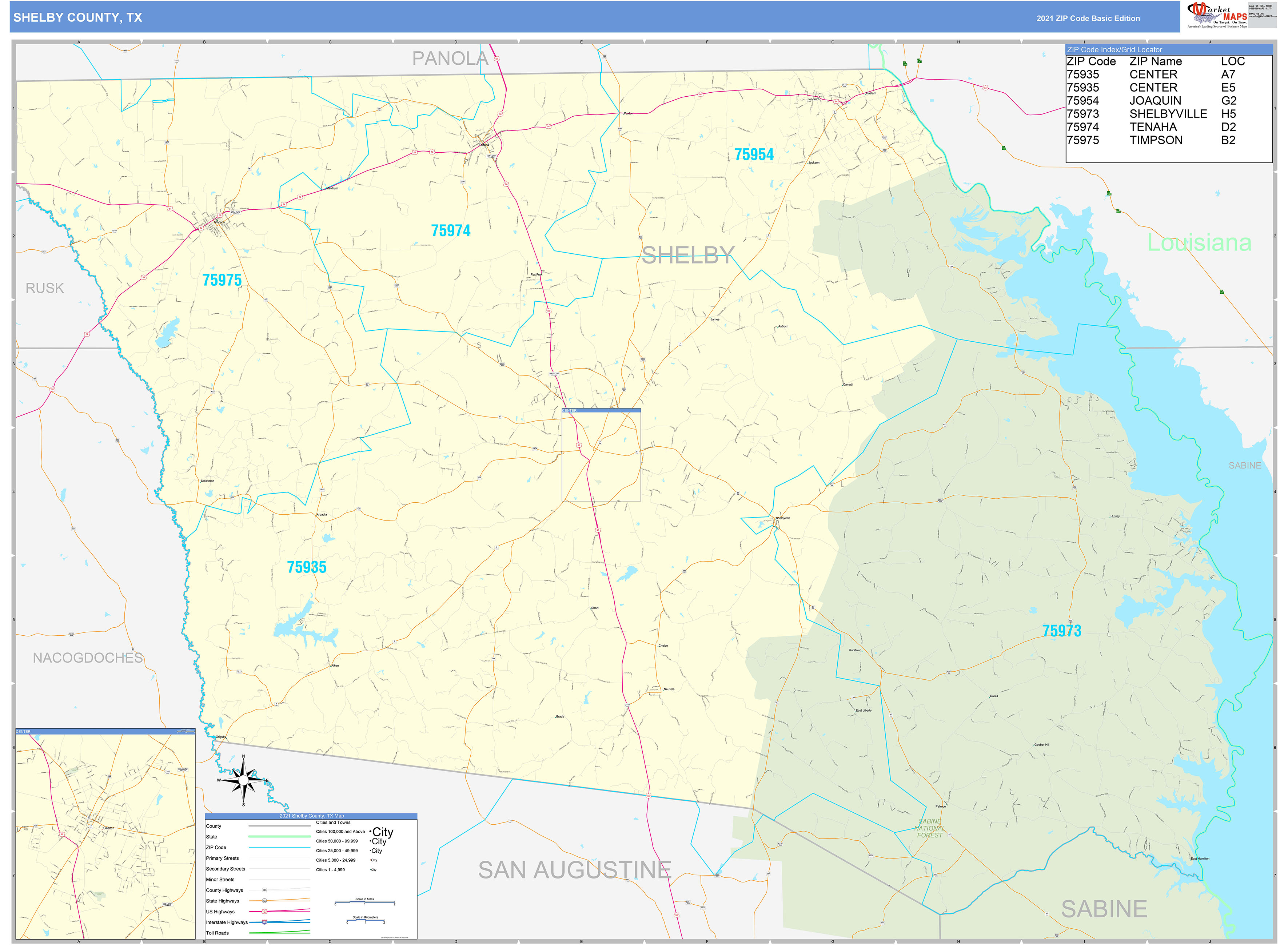 Shelby County, TX Zip Code Wall Map Basic Style by MarketMAPS MapSales