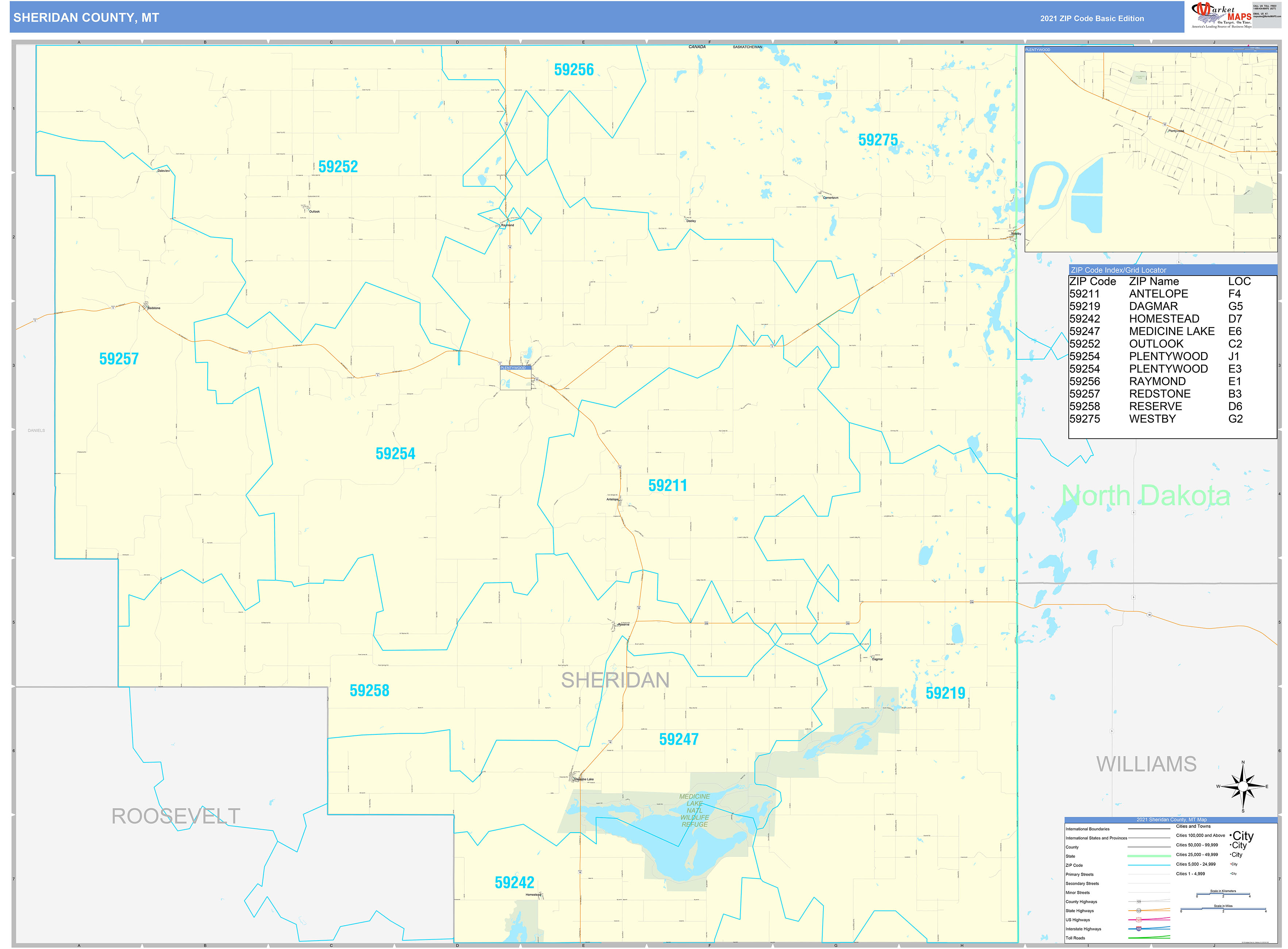 Sheridan County, MT Zip Code Wall Map Basic Style by MarketMAPS