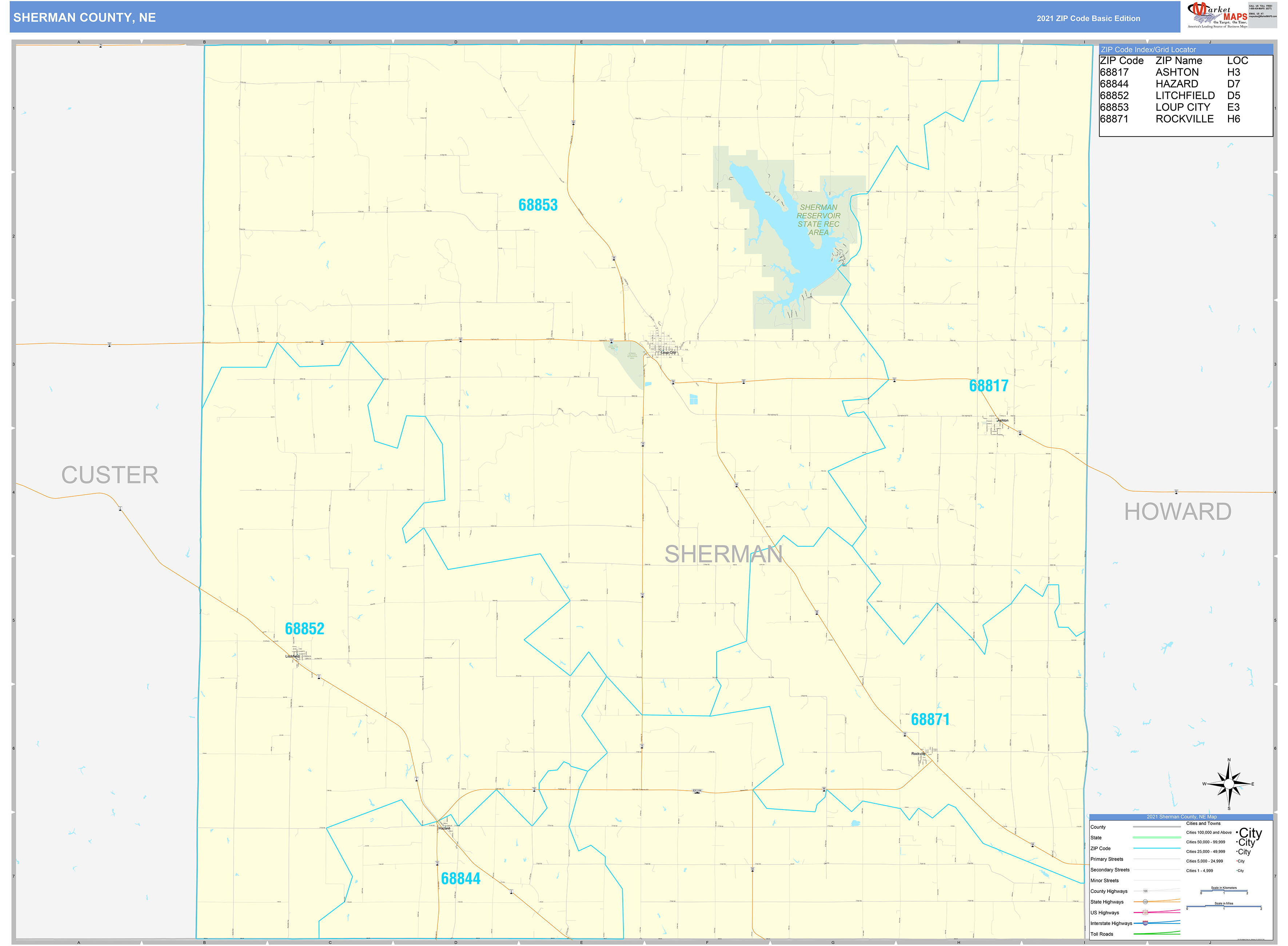 Sherman County, NE Zip Code Wall Map Basic Style by MarketMAPS