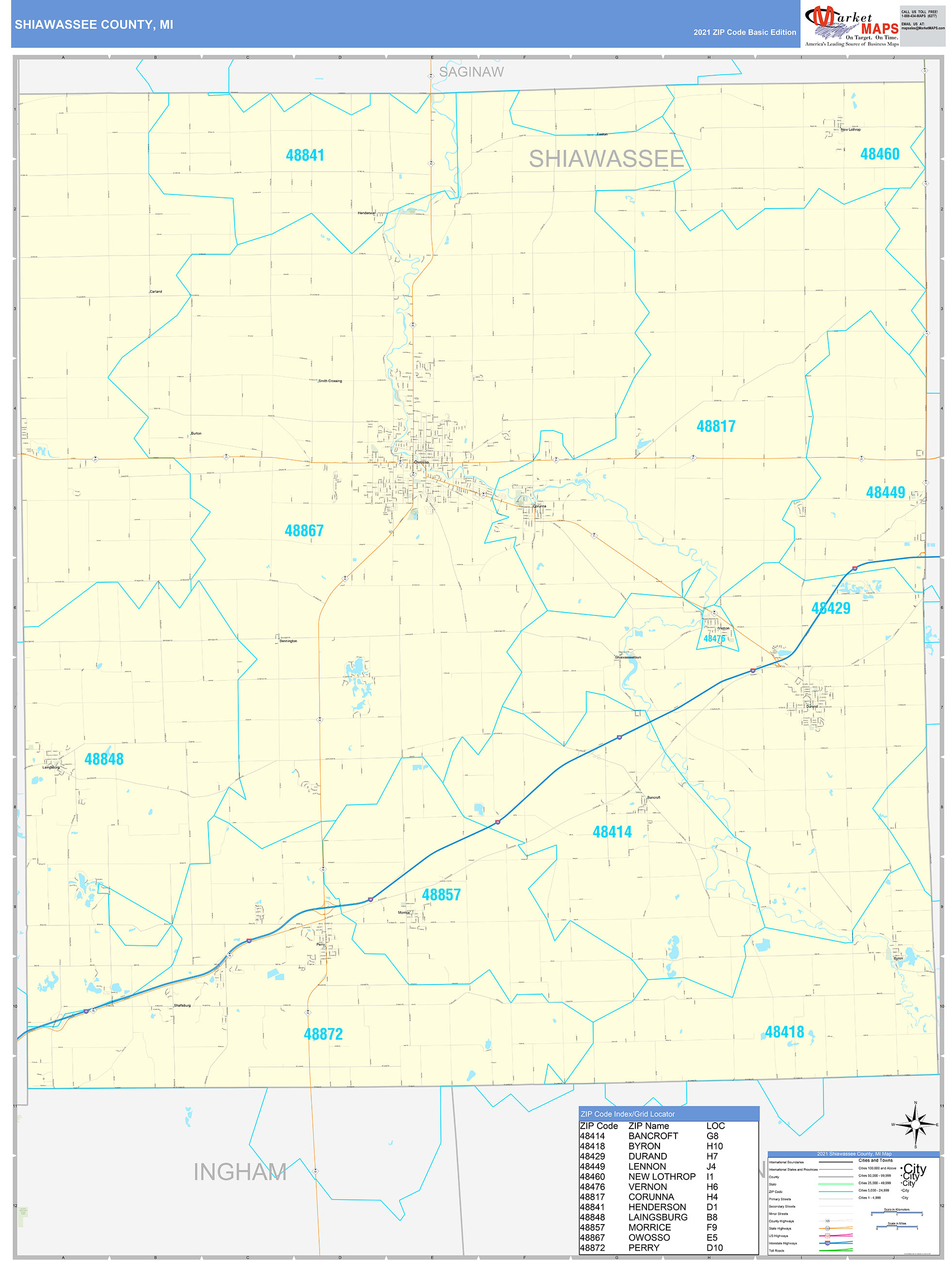 Shiawassee County, MI Zip Code Wall Map Basic Style by MarketMAPS