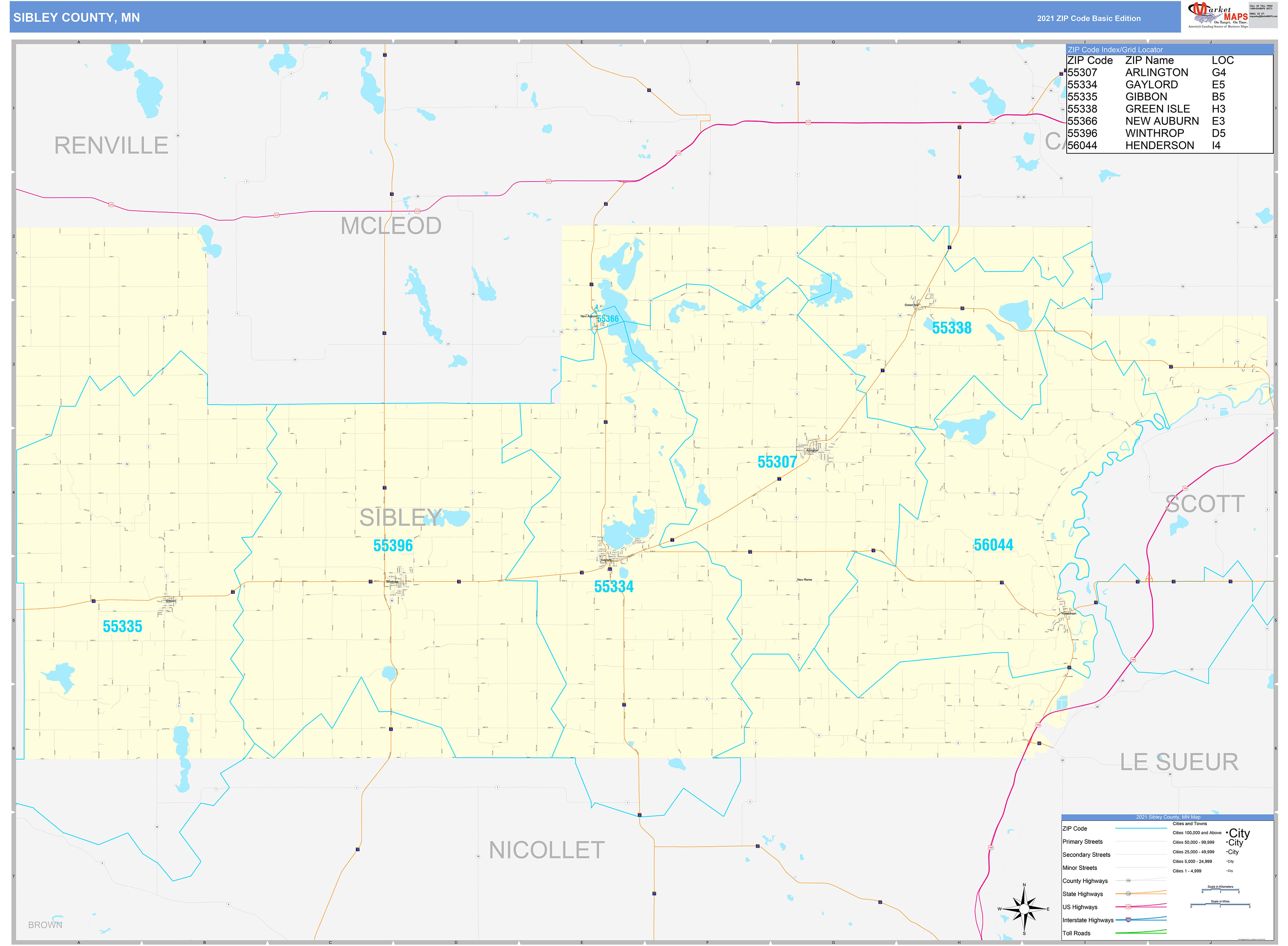 Sibley County, MN Zip Code Wall Map Basic Style by MarketMAPS
