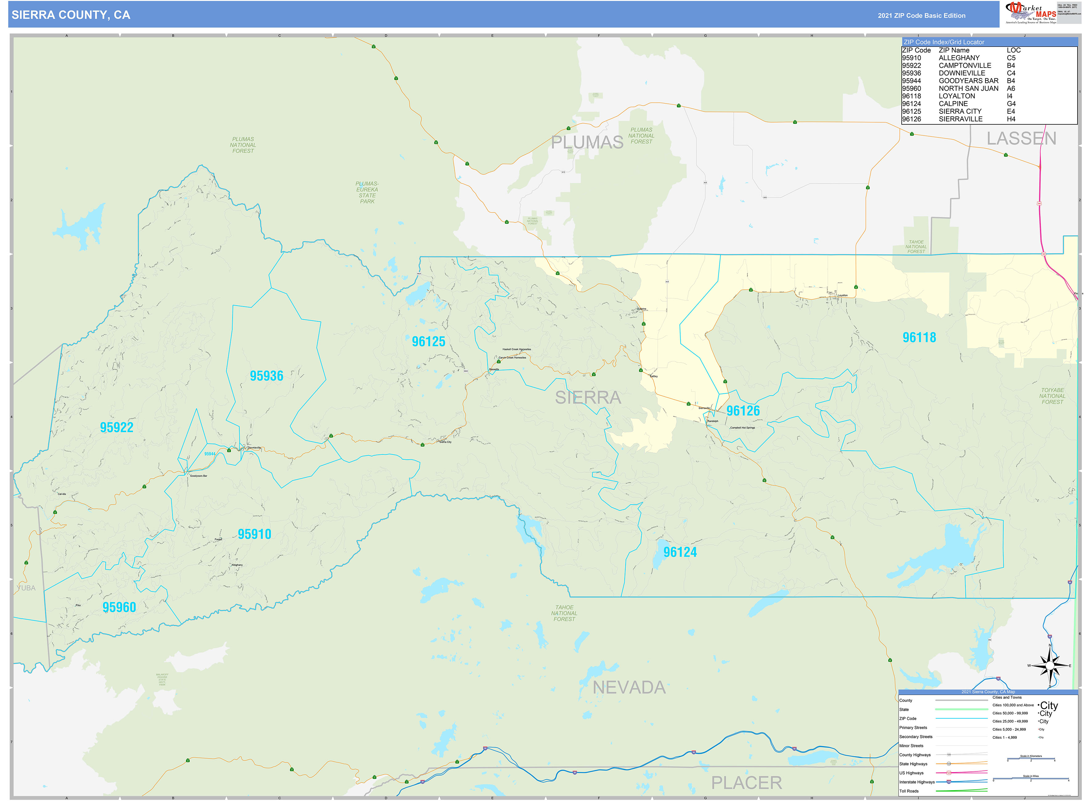 Sierra County, CA Zip Code Wall Map Basic Style by MarketMAPS
