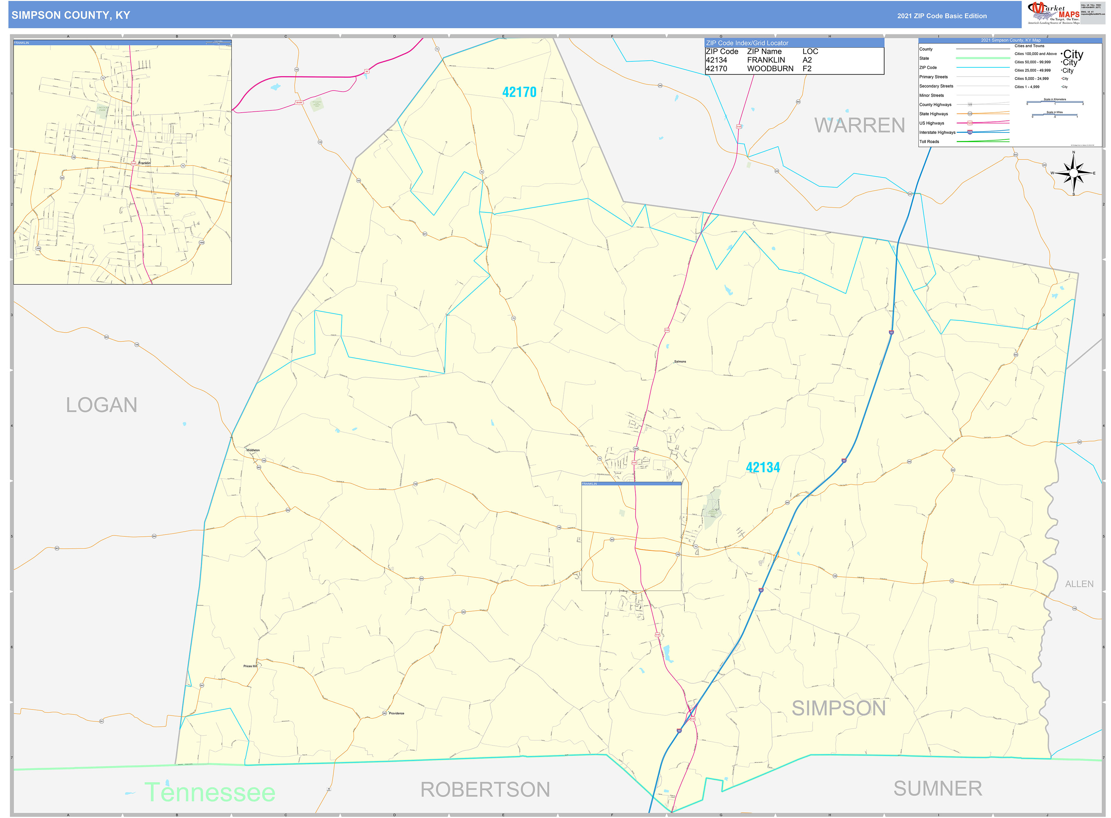 Simpson County, KY Zip Code Wall Map Basic Style by MarketMAPS