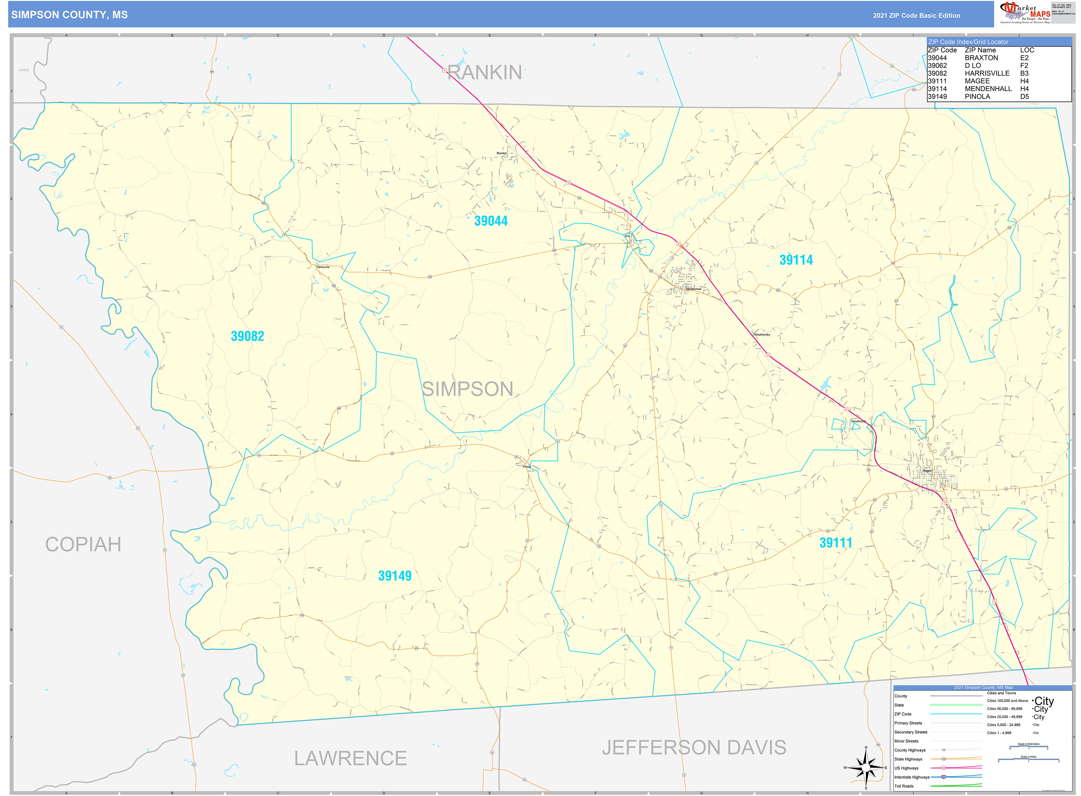 Simpson County, MS Zip Code Wall Map Basic Style by MarketMAPS MapSales