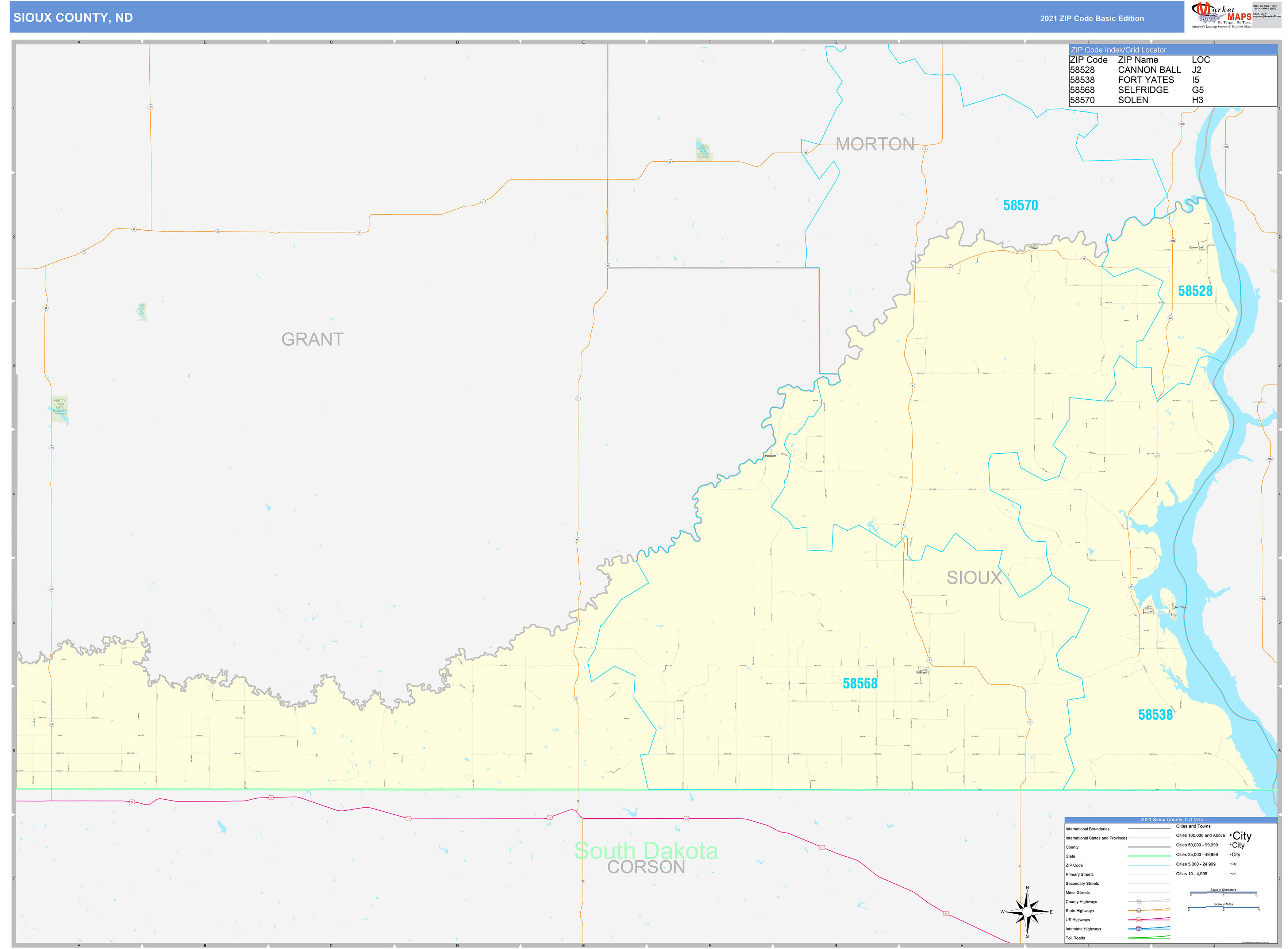 Sioux County, ND Zip Code Wall Map Basic Style by MarketMAPS MapSales