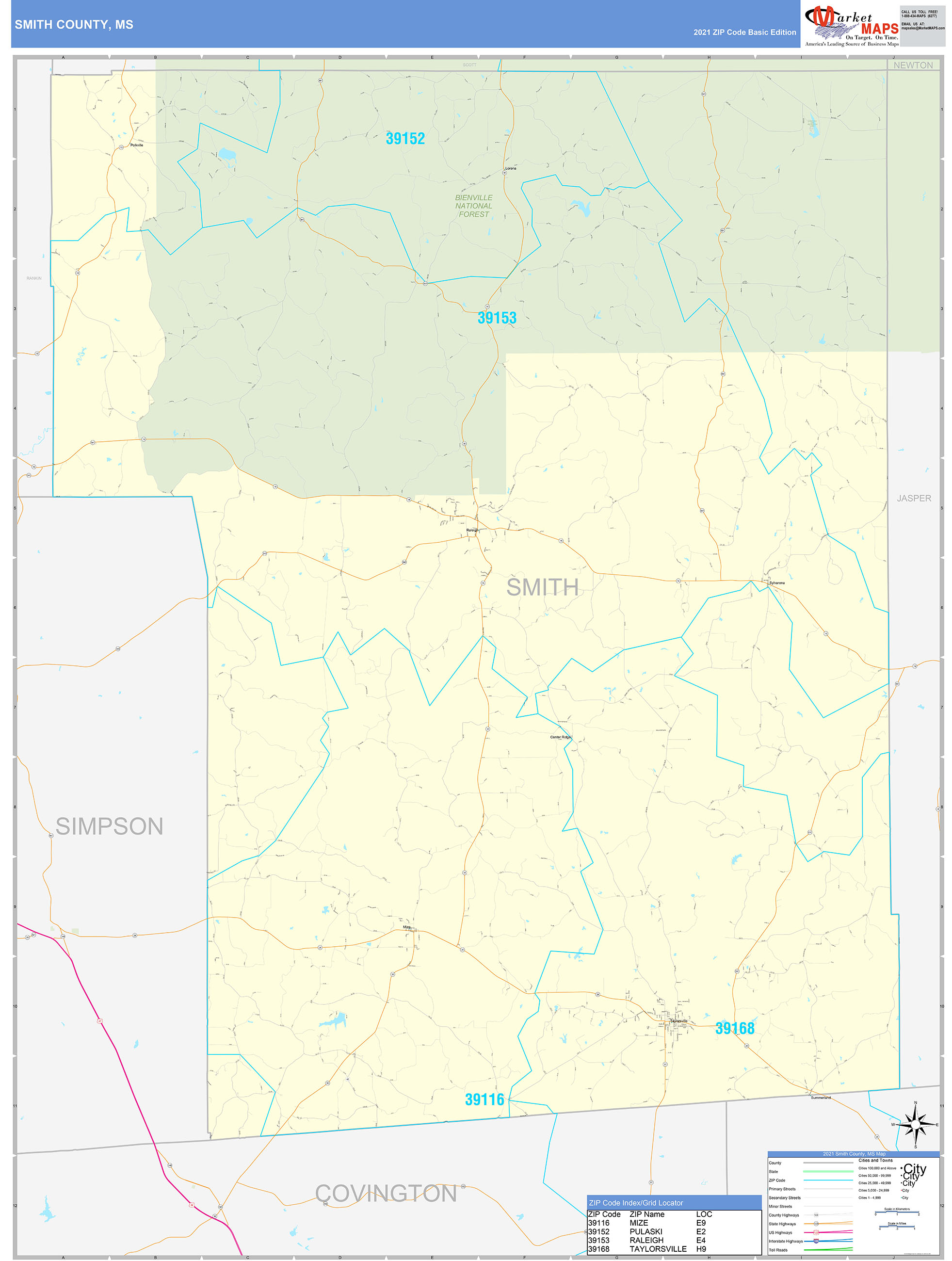 Smith County, MS Zip Code Wall Map Basic Style by MarketMAPS