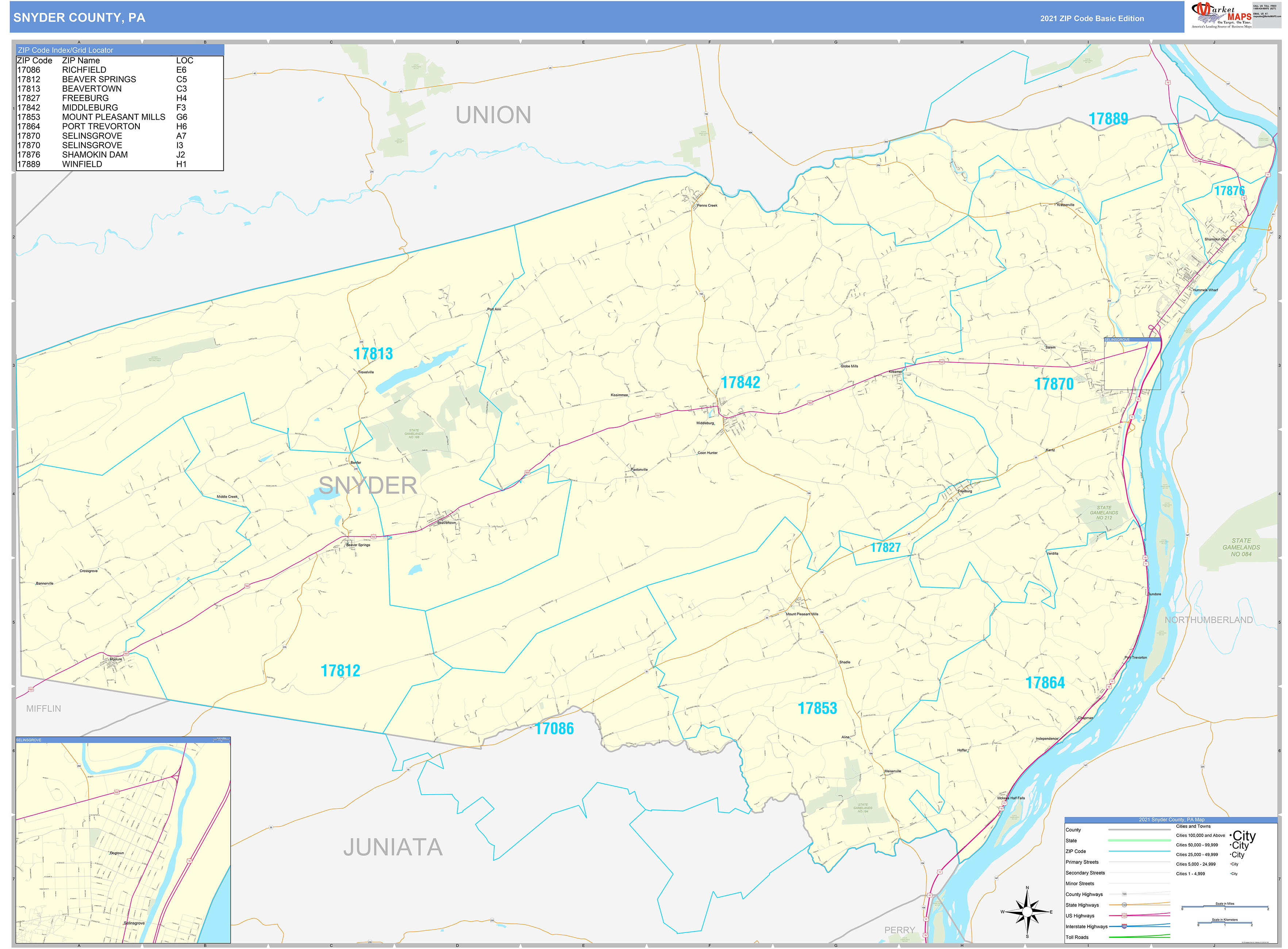 Snyder County, PA Zip Code Wall Map Basic Style by MarketMAPS MapSales