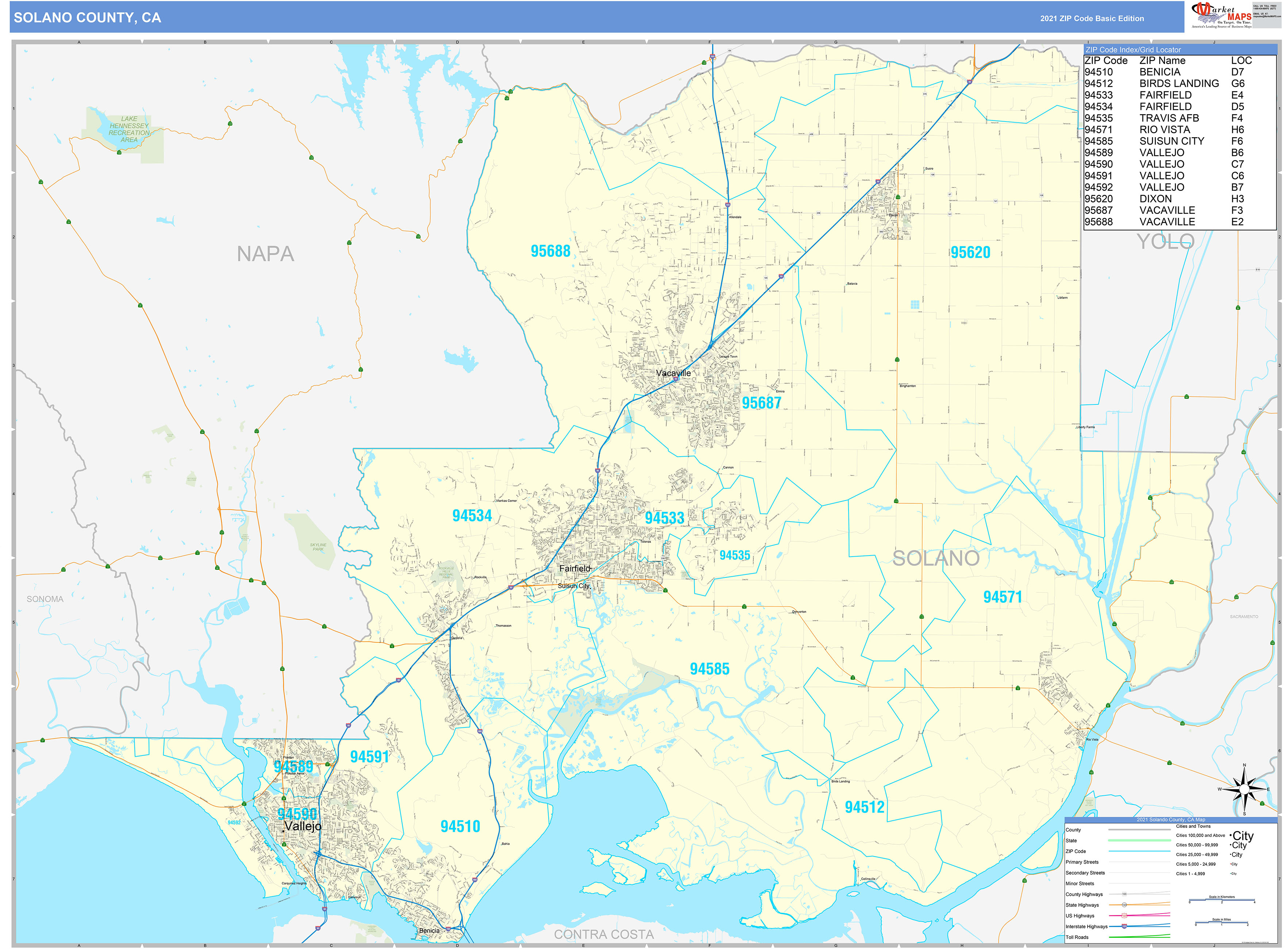 Solano County, CA Zip Code Wall Map Basic Style by MarketMAPS MapSales